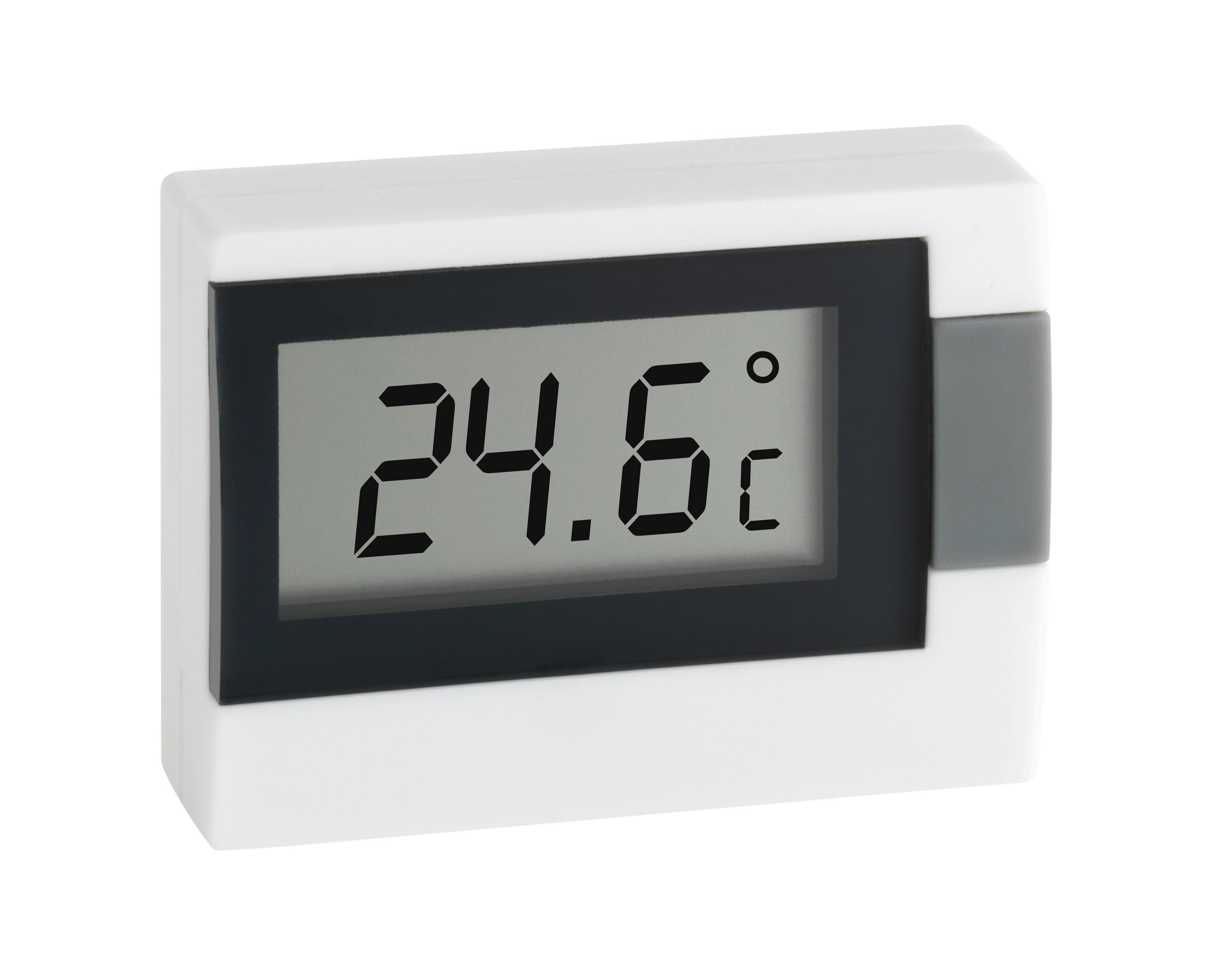 Weißes digitales Thermometer mit 24,6 Grad Celsius. Das Display ist schwarz.