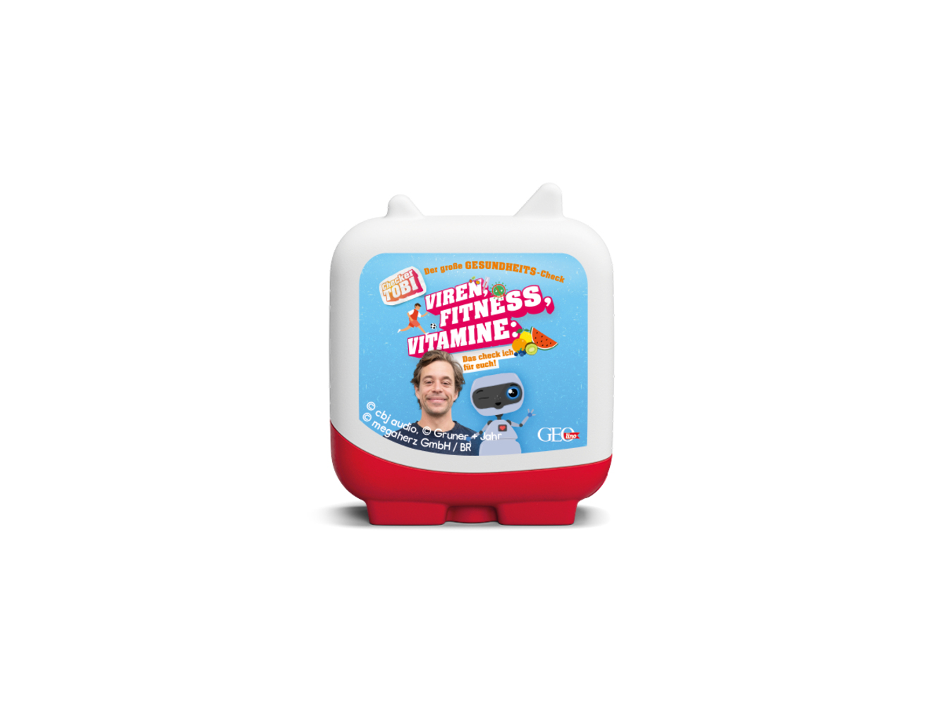 Ein weißes und rotes Spielzeug mit einer Person und einem Roboter auf einem Schild über Viren, Fitness und Vitamine.