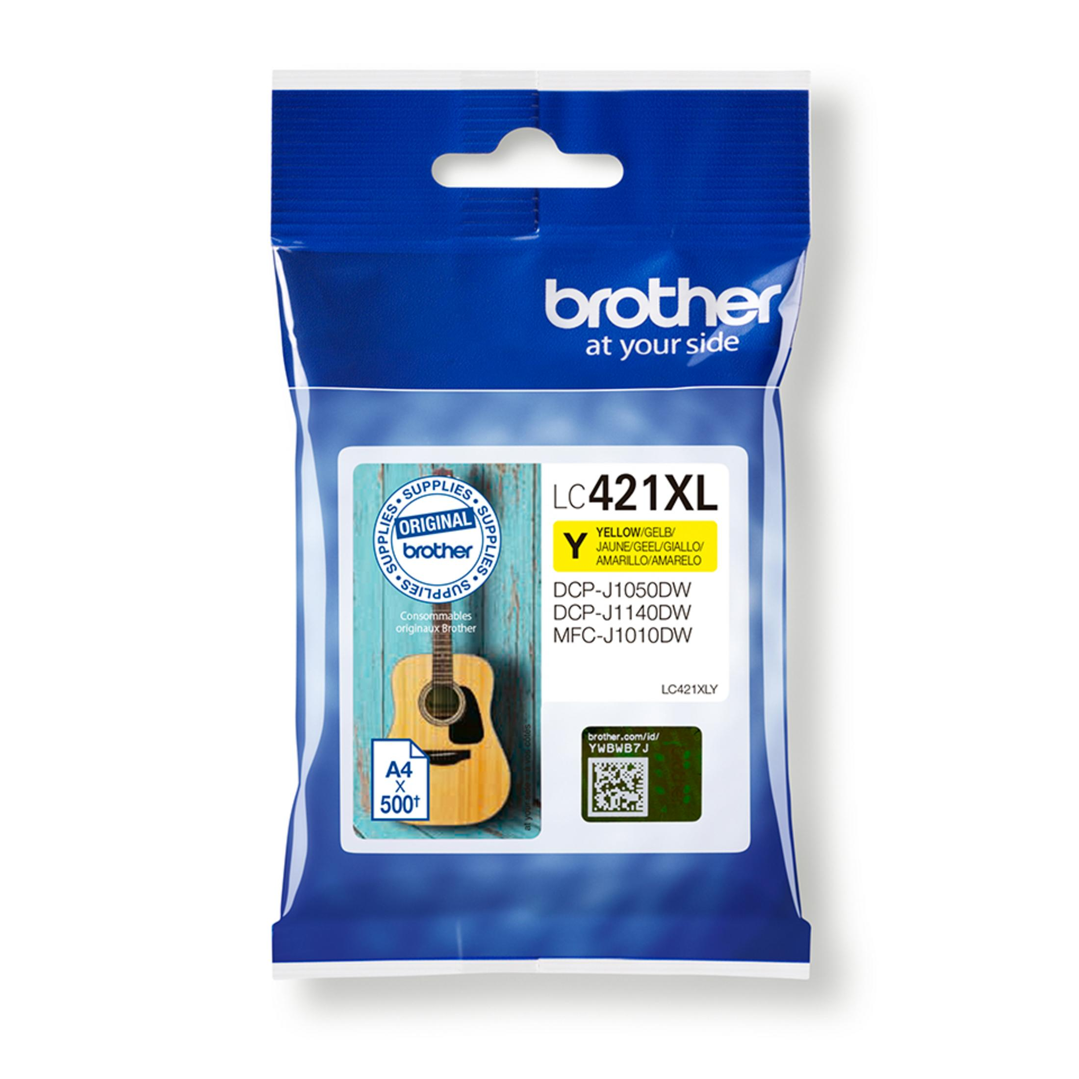A Brother LC421XL ink cartridge package, with an image of a guitar on it.