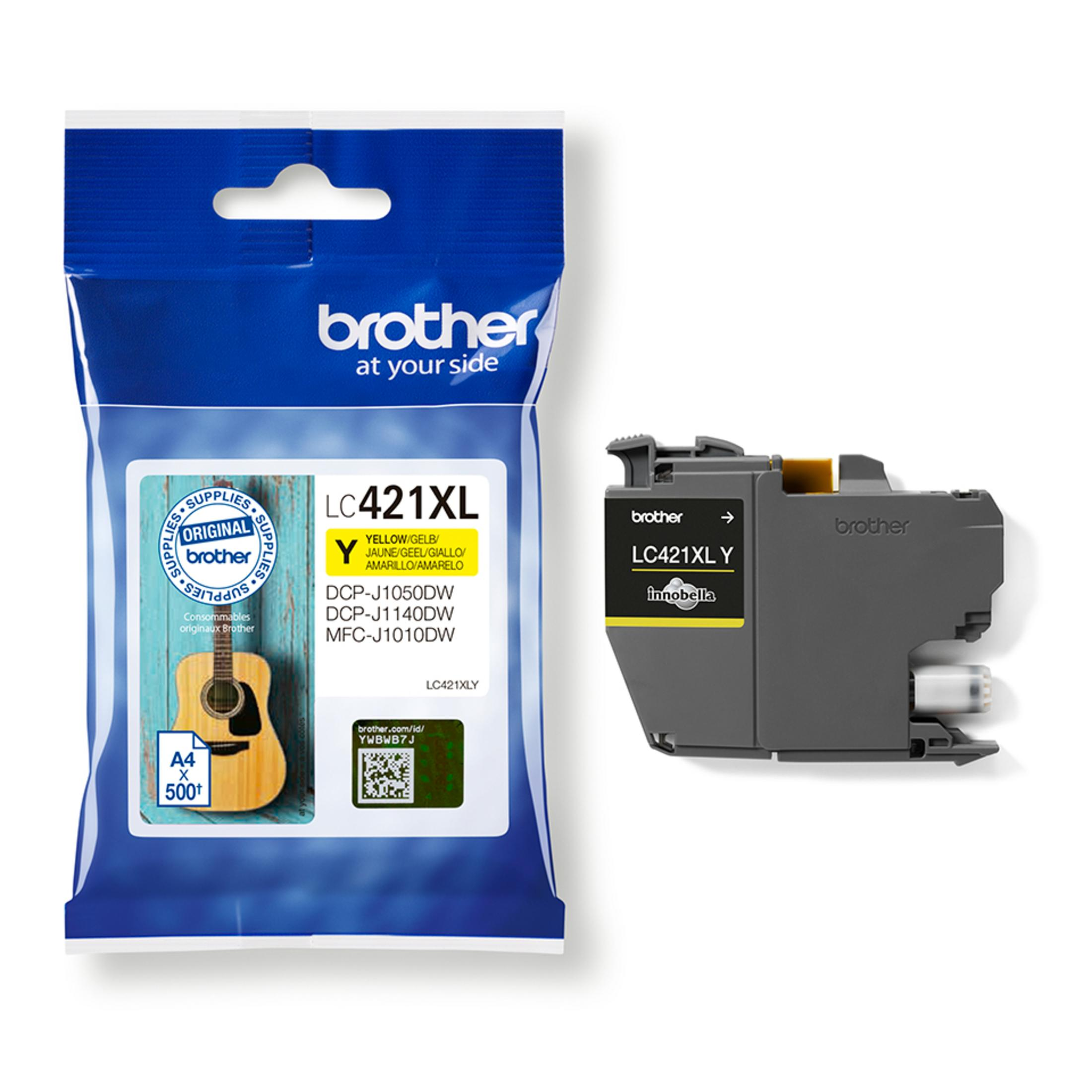 A blue Brother ink cartridge package and a yellow ink cartridge with a gray top.
