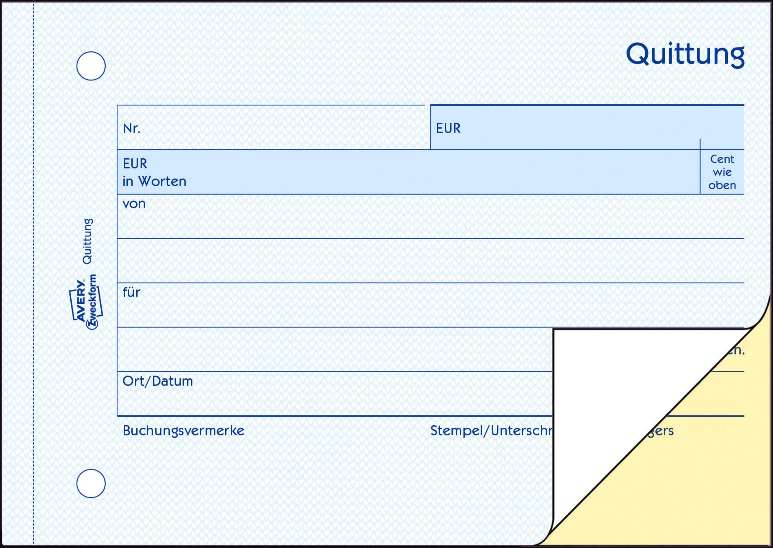 Ein Quittungsformular mit blau-weißem Design mit dem Wort 'Quittung' oben und deutschem Text.