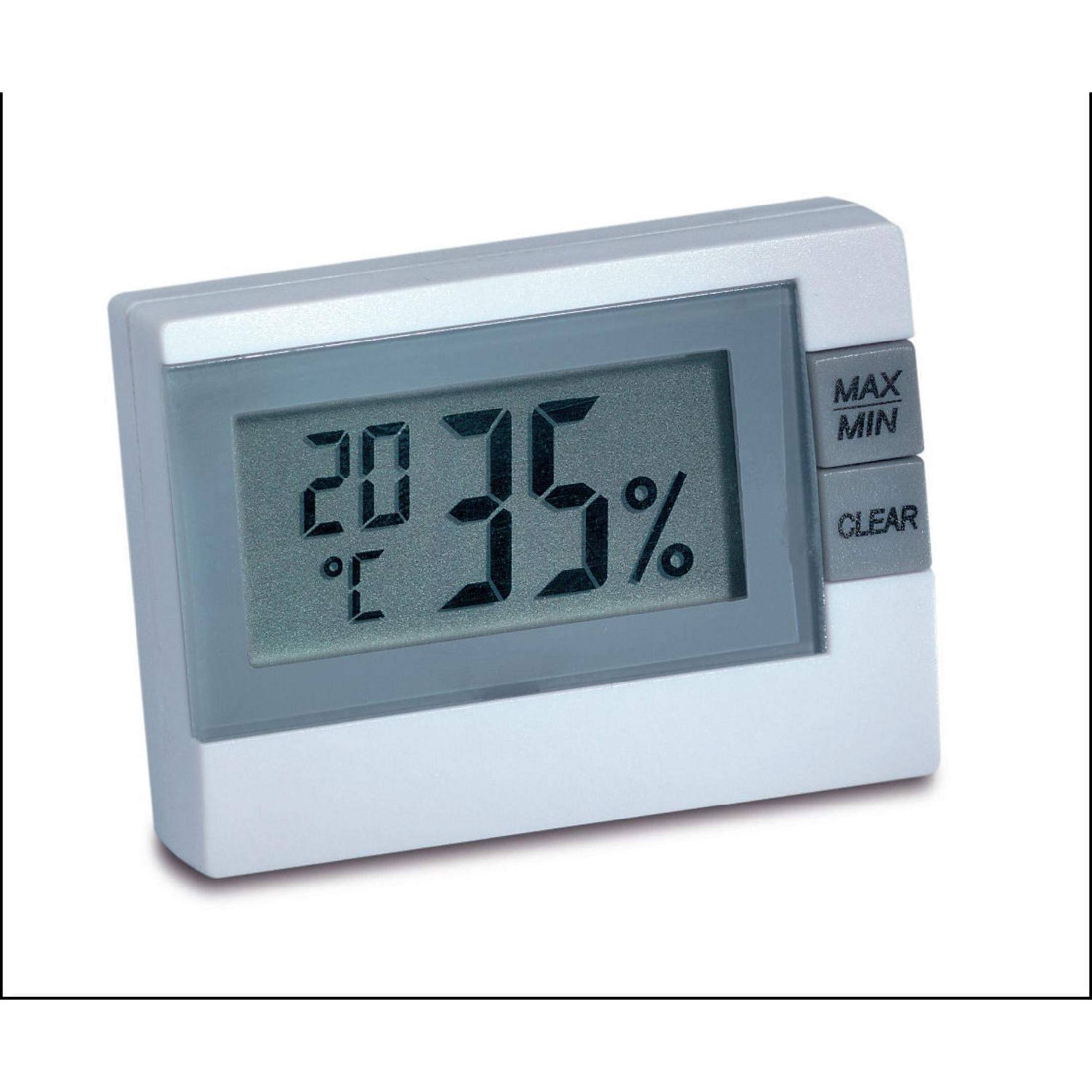 Ein digitales Thermometer zeigt 20 Grad Celsius und 35% Luftfeuchtigkeit, auf Weiß.