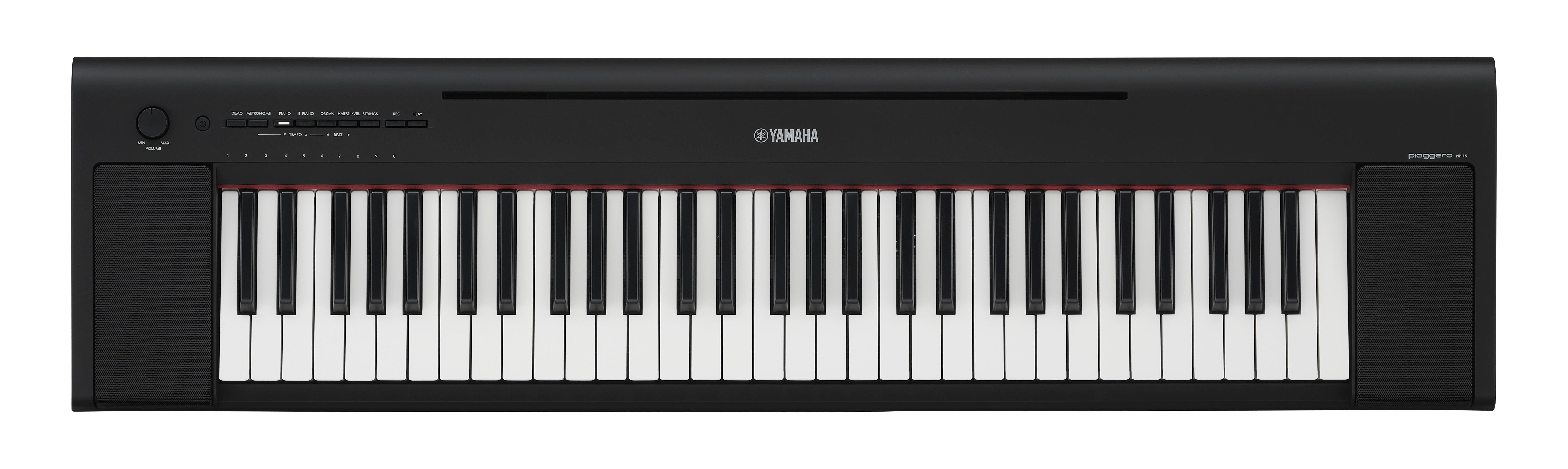 Schwarze Yamaha-Tastatur mit weißen und schwarzen Tasten. Die Tasten sind in der Mitte.