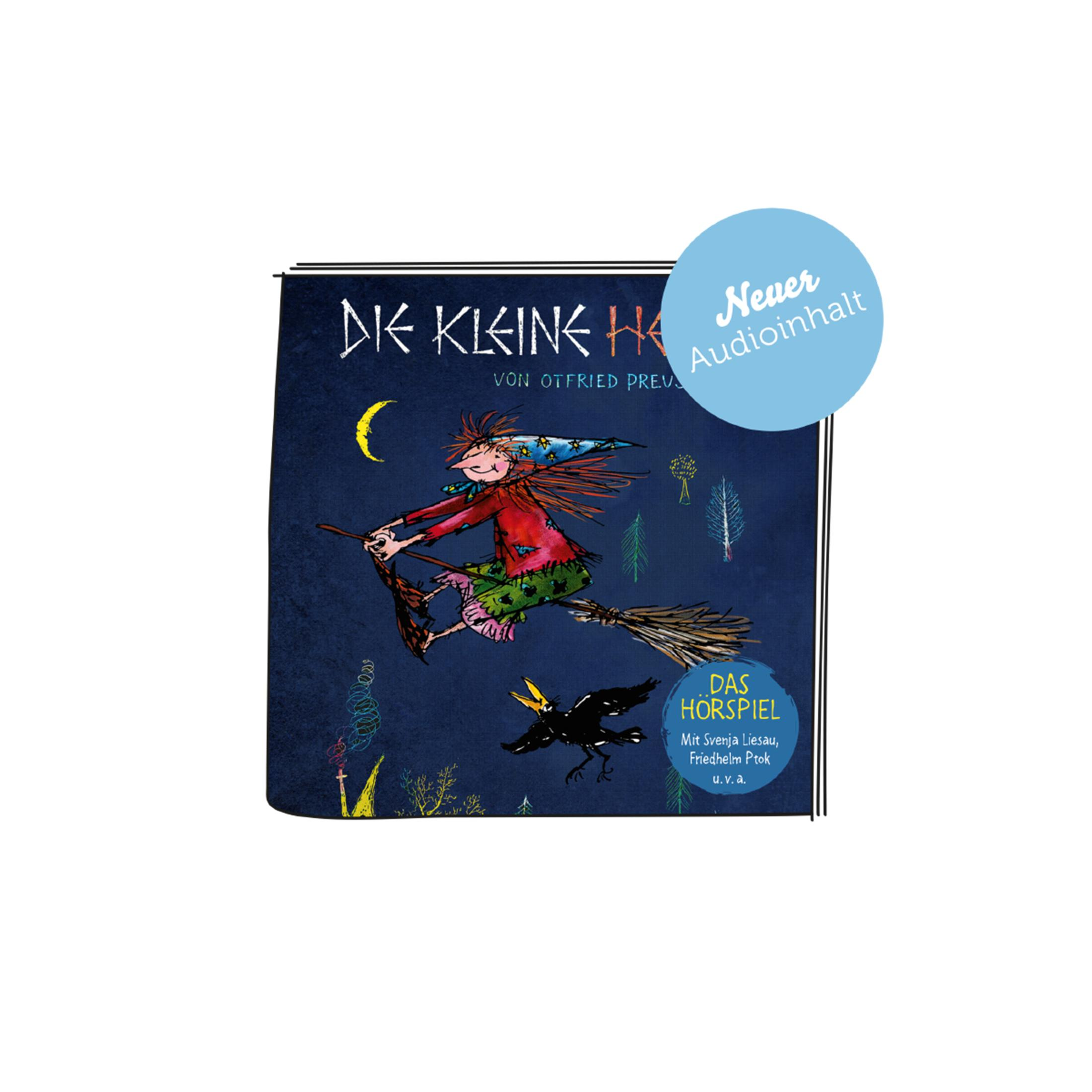 Ein Buchcover mit einer Hexe, die auf einem Besen fliegt. Ein blauer Kreis mit dem Text 'Neuer Audioinhalt'.