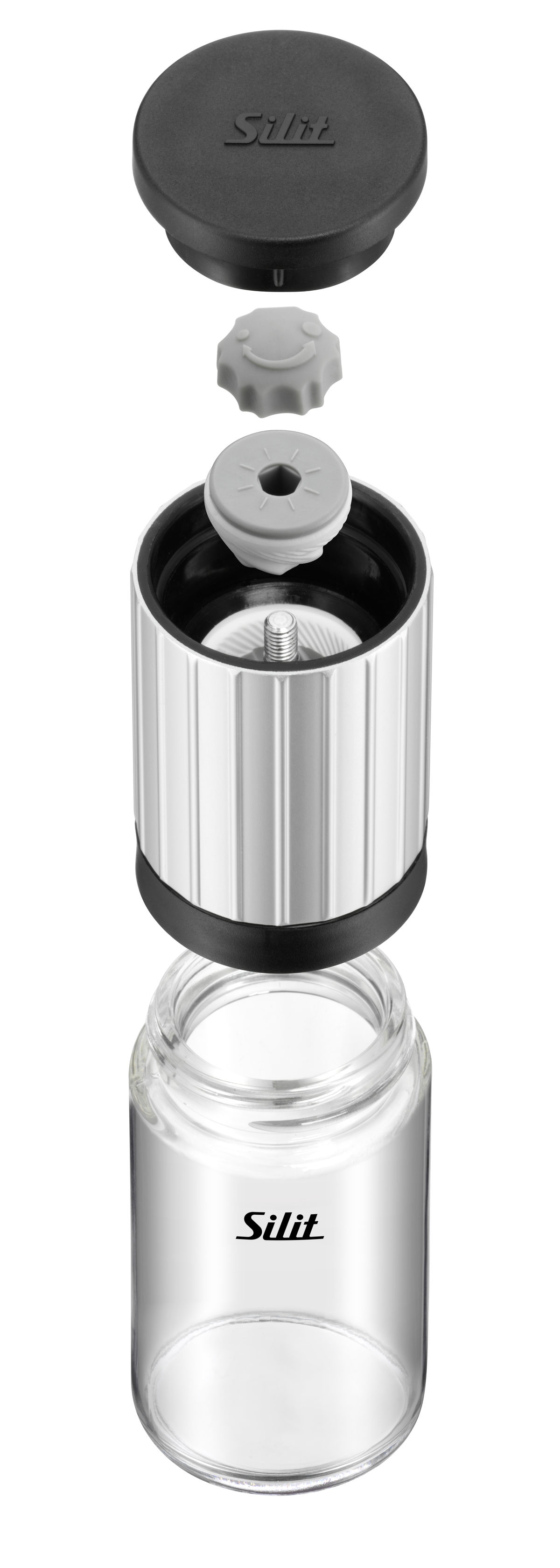 Pfeffermühle zerlegt. Komponenten umfassen ein Glas, einen Metallkörper, eine graue Mühle und einen schwarzen Deckel.