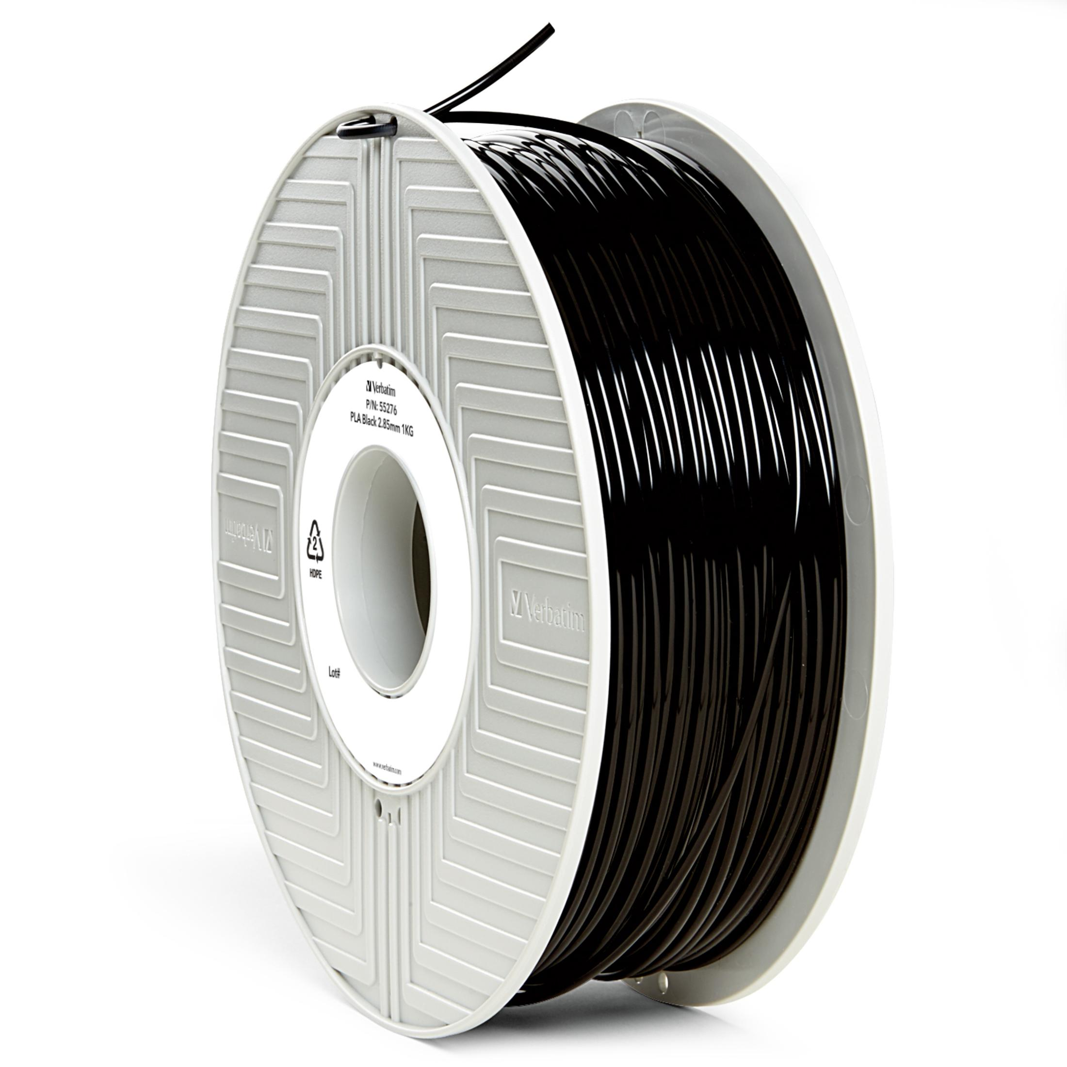 Schwarze 3D-Drucker-Filament-Spule, weiße Spule. Die Spule hat das 'Verbatim'-Logo und Produktinfo auf der Seite.