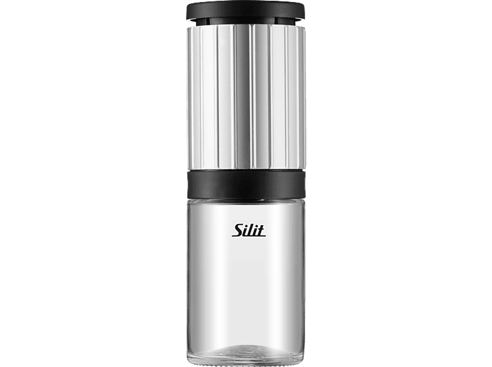 Pfeffermühle, silbernes Gehäuse mit schwarzem Ober- und Unterteil. Der Boden ist transparent und hat ein 'Silit'-Logo.