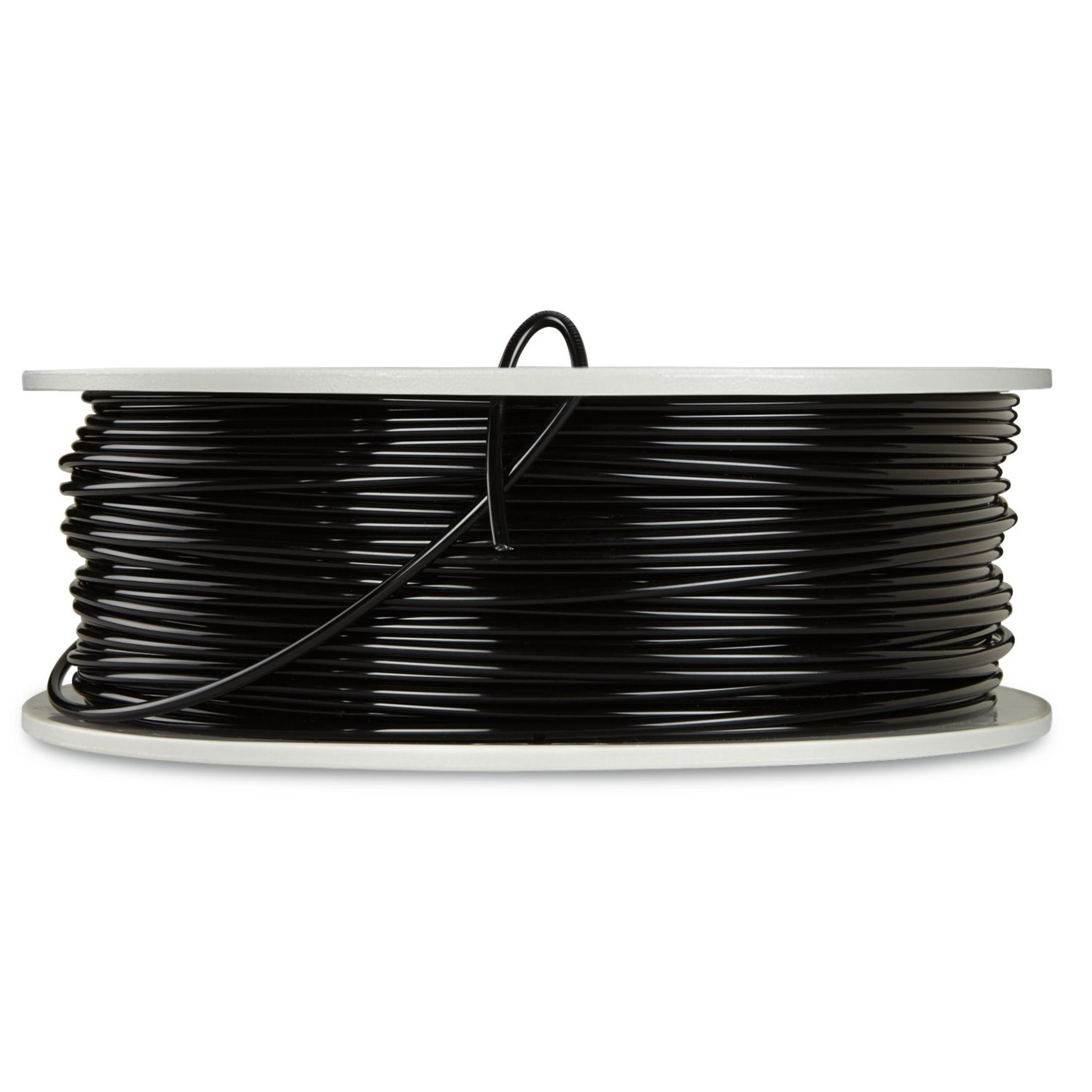 Schwarze 3D-Drucker-Filament-Spule, weiße Spule. Die Filament-Spule ist voll und auf weißem Hintergrund.