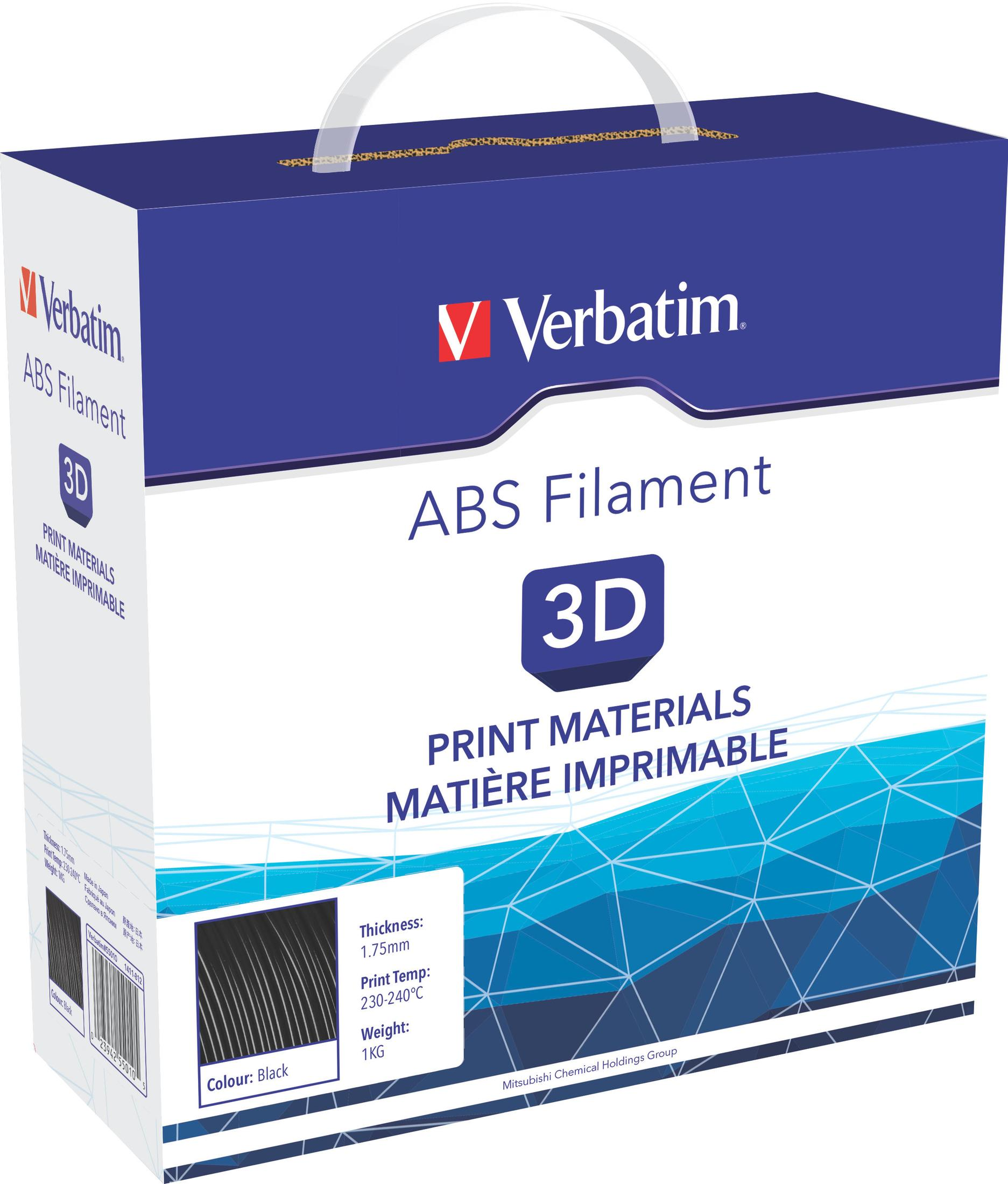 Eine Schachtel Verbatim ABS-Filament für den 3D-Druck. Die Farbe ist Schwarz.