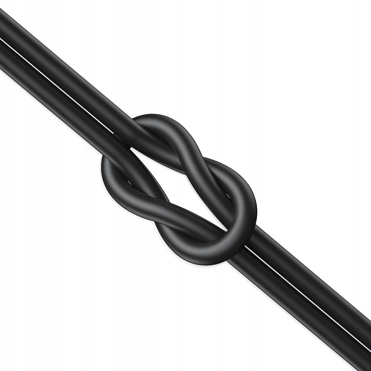 Dwa czarne kable związane w węzeł na białym tle, tworzące kształt ósemki.