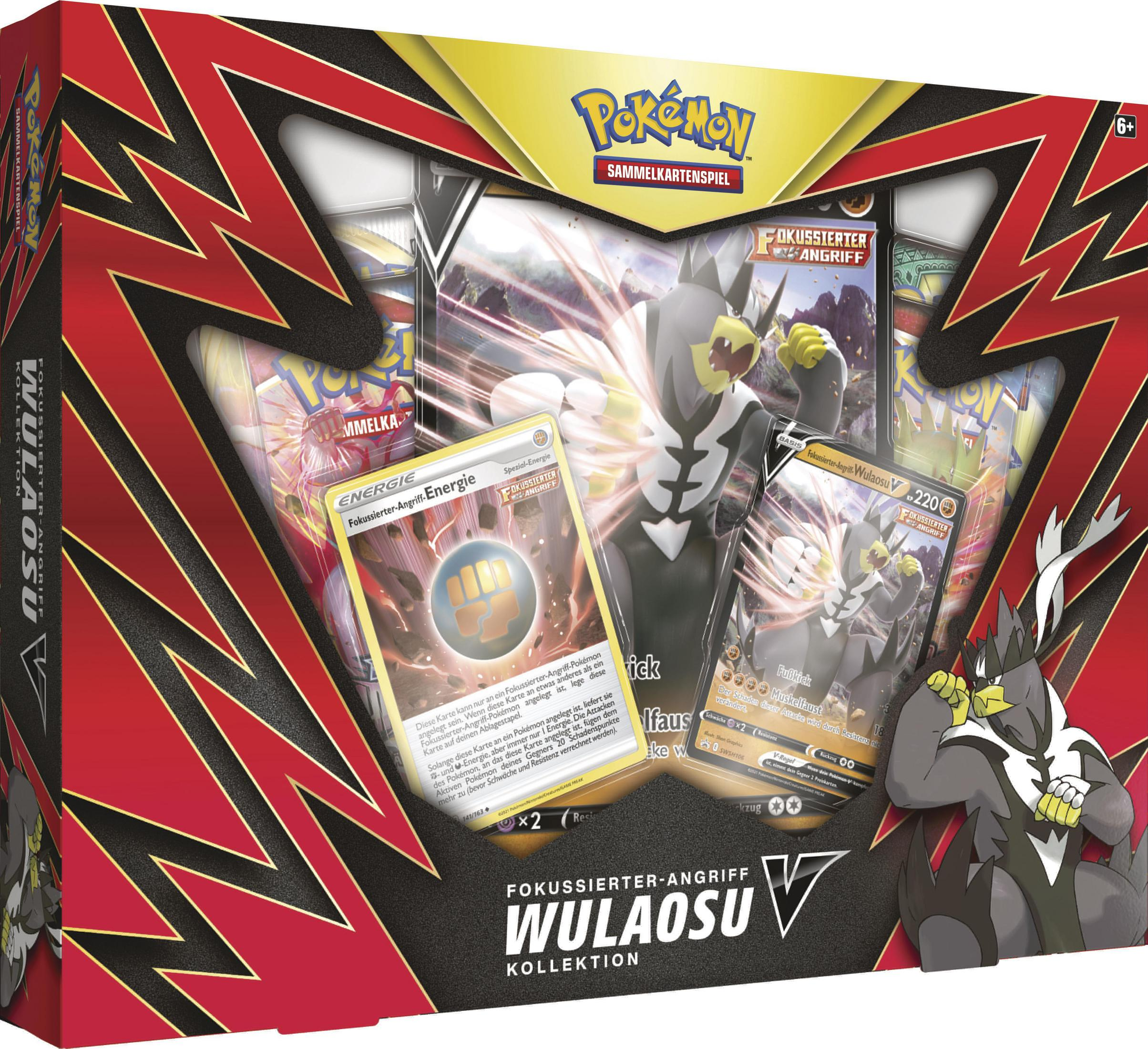 Kartenspiel-Box mit Pokémon-Karten. Enthält ein schwarz-weißes Pokémon und Karten. Die Box ist rot und gelb.