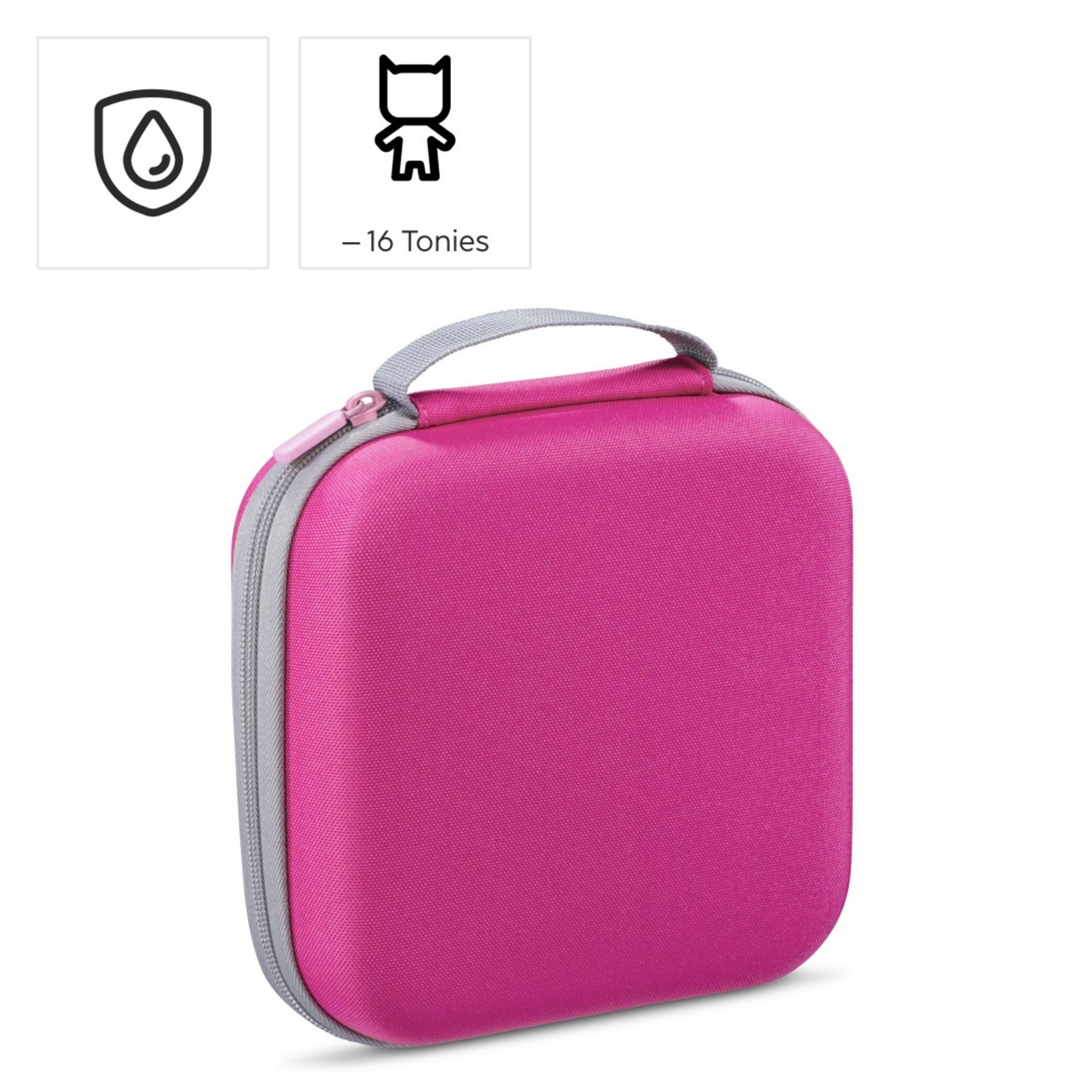 Ein pinkfarbener, rechteckiger Etui mit Reißverschluss, grauem Griff und Zierleiste, mit Symbolen, weißer Hintergrund.