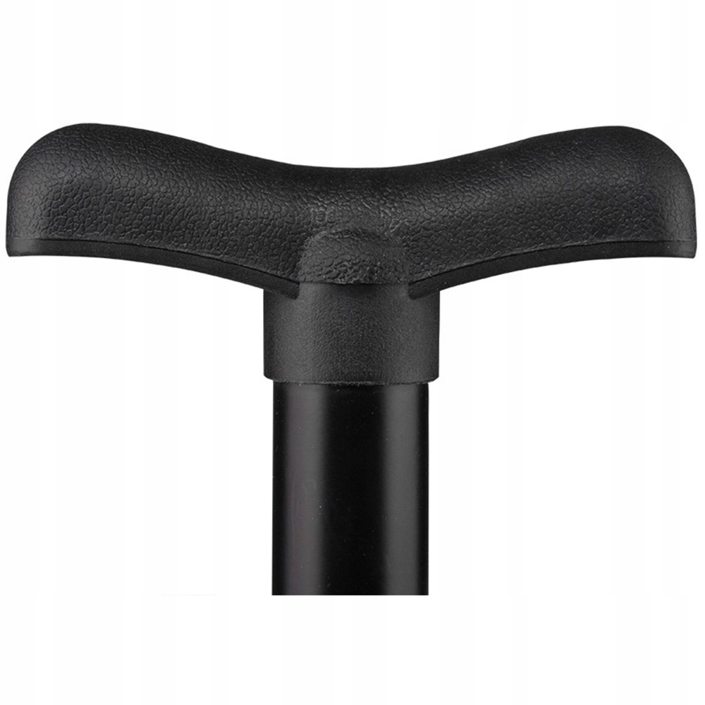 Zbliżenie czarnego uchwytu w kształcie litery T, prawdopodobnie części laski, na białym tle.