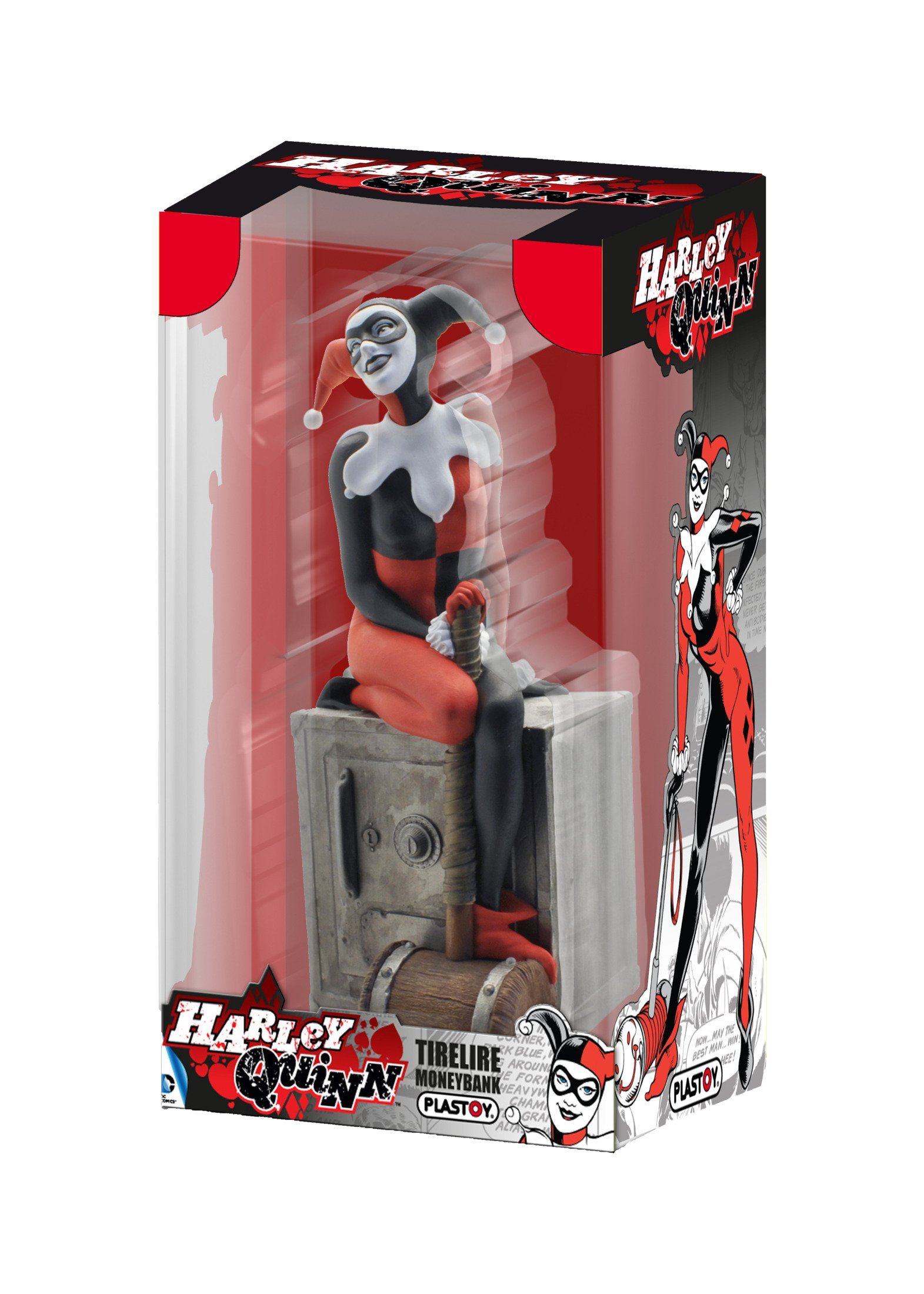 Harley Quinn-Figur in einer Vitrine, sitzt auf einem Tresor, mit einem Hammer.