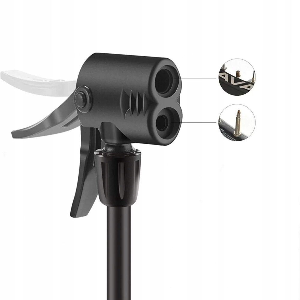 Zbliżenie głowicy pompki rowerowej z różnymi nasadkami. Białe tło.