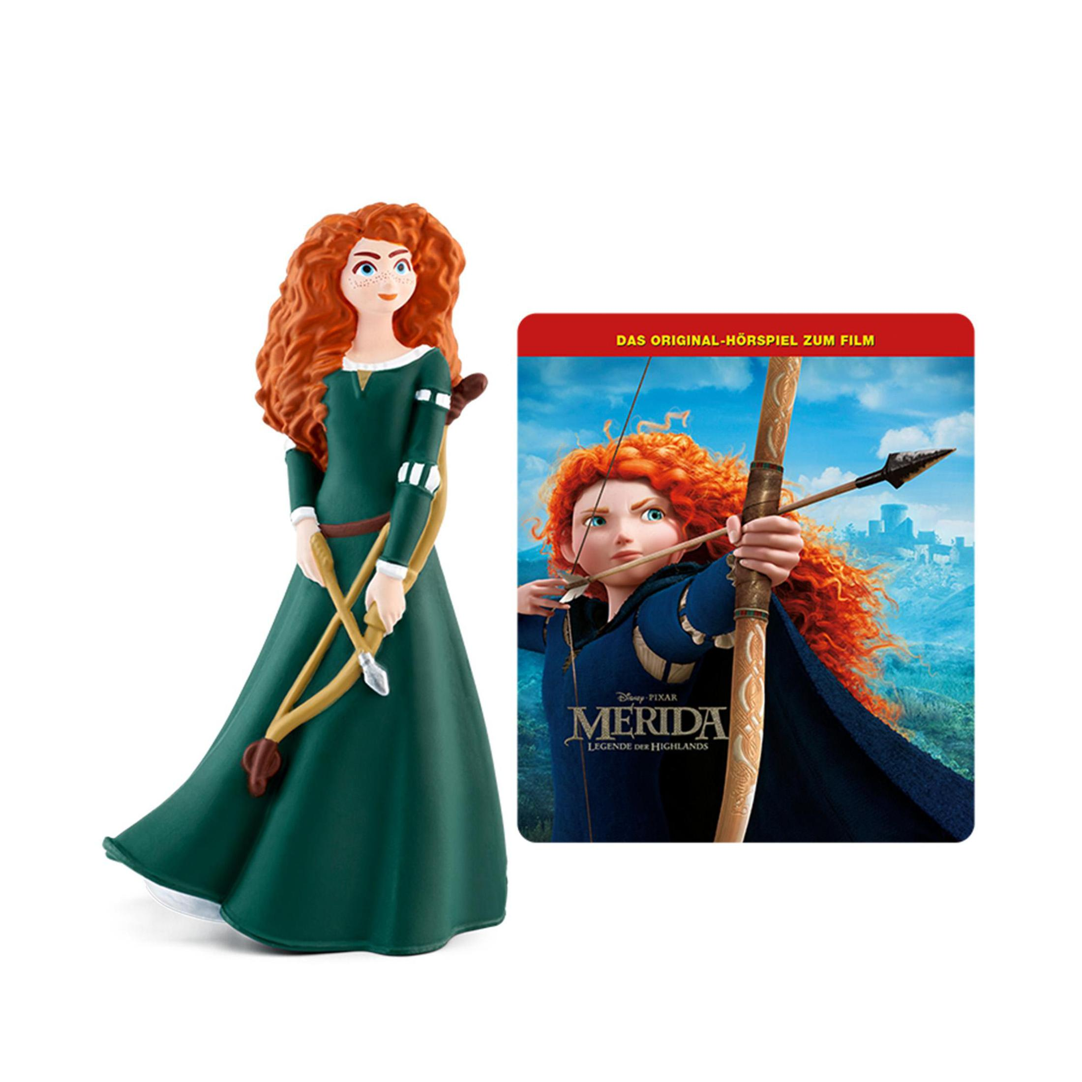 Eine Merida-Puppe neben einem Filmcover. Beide stehen auf weißem Hintergrund.