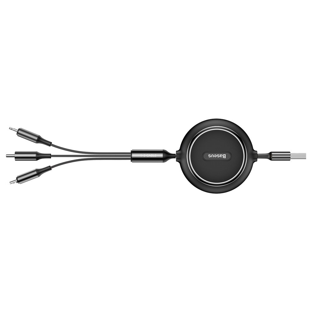 Czarny kabel USB Baseus z wieloma złączami audio: gniazda 3,5 mm i USB-C. Jest chowany.