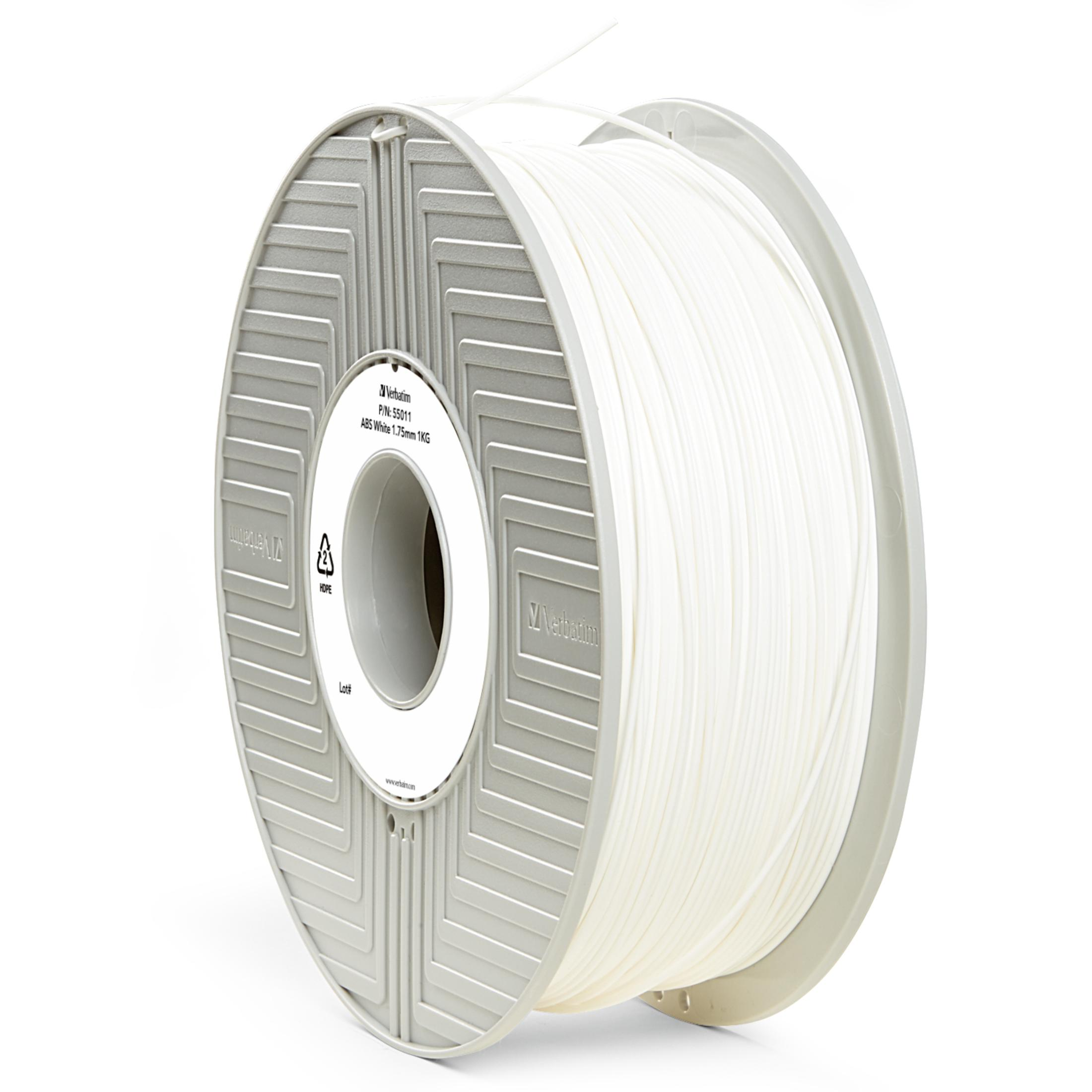 Eine weiße Spule mit 3D-Druckerfilament mit Etikett und dem Verbatim-Logo.