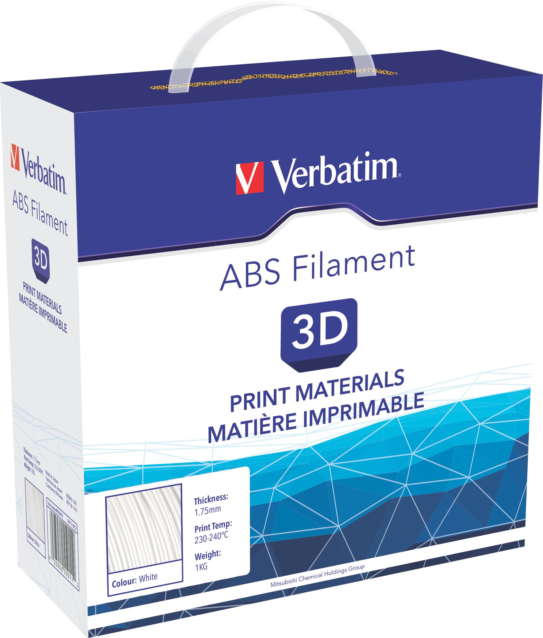 Eine Schachtel mit weißem ABS-Filament für 3D-Drucker wird angezeigt. Die Schachtel ist blau und weiß mit Produktinformationen.
