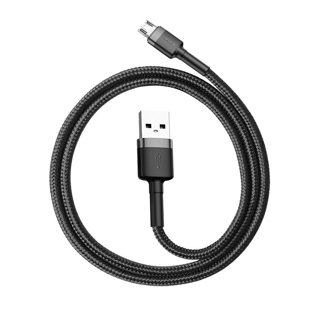 Czarny kabel USB o plecionym wzorze. Jeden koniec to złącze USB-A, drugi micro-USB.