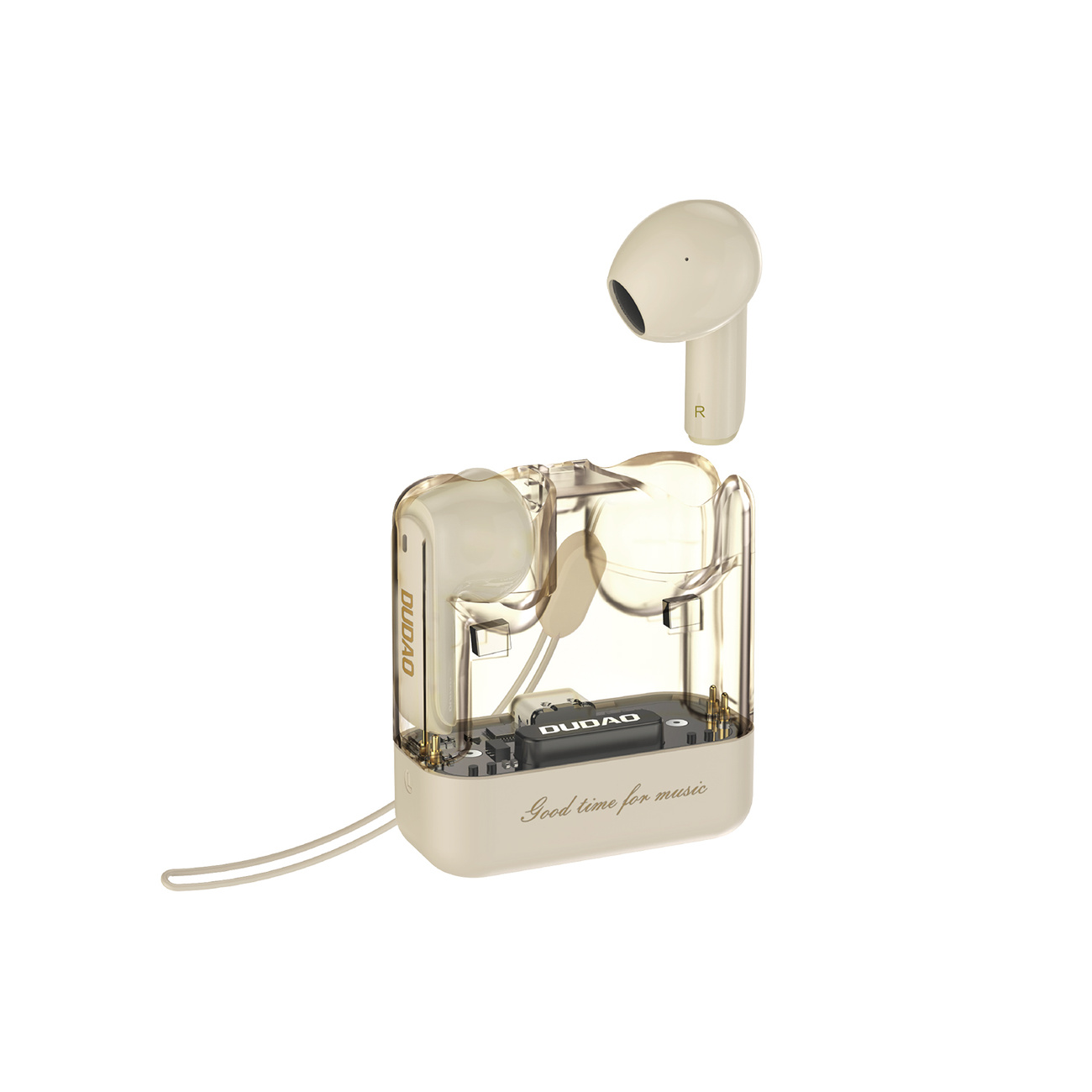 Bezprzewodowe słuchawki z etui i pojedynczą słuchawką unoszącą się nad nimi. Beżowe.