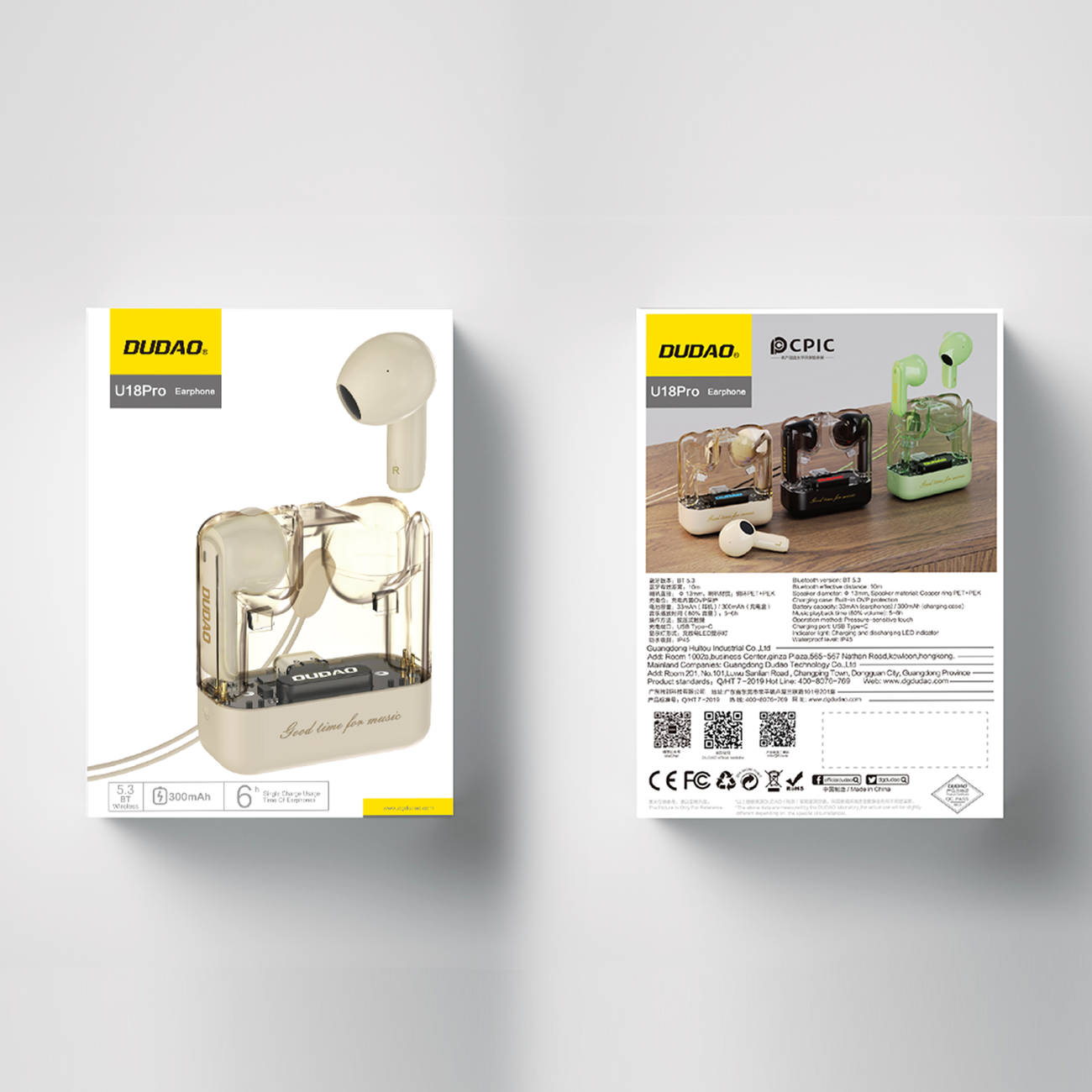 Pudełko na słuchawki po lewej, szczegóły produktu po prawej, oba na białym tle.