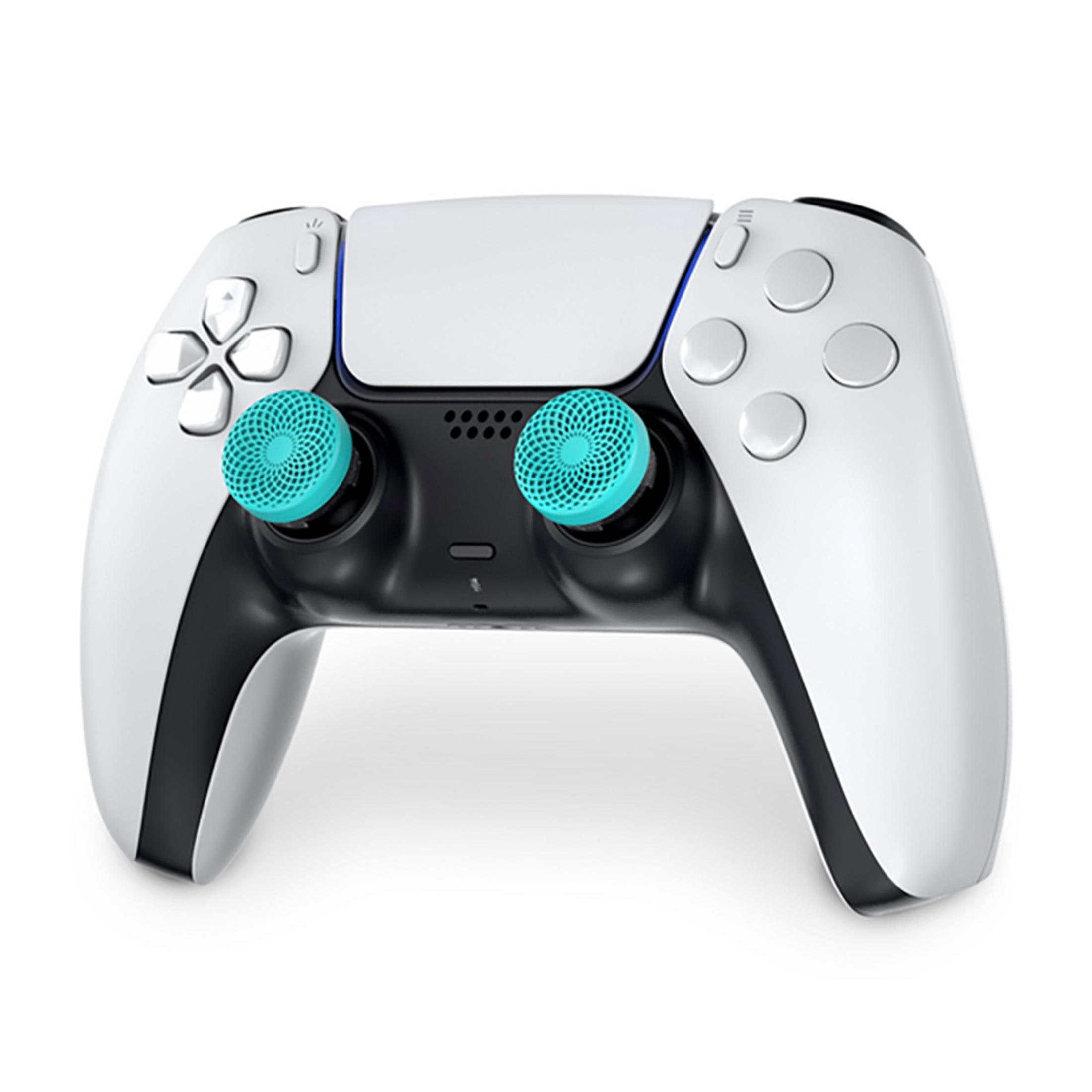 Controller Playstation 5 con thumbstick turchesi su sfondo bianco.