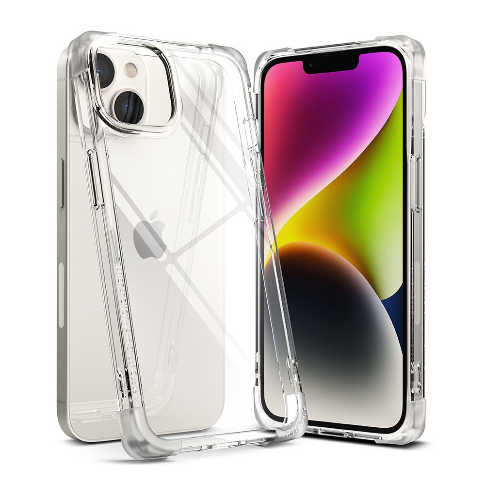 Dwa przezroczyste etui na telefon, jedno otwarte, pokazujące tył iPhone'a. Białe tło.