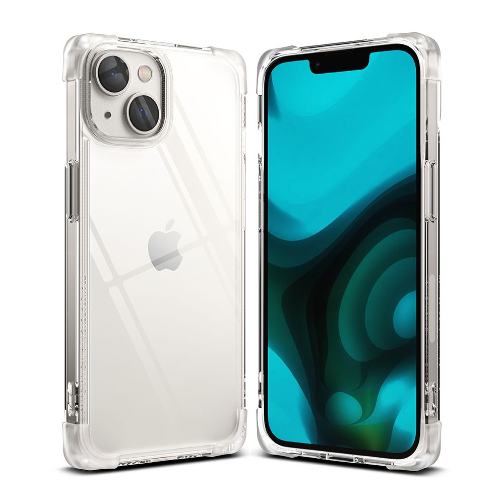 Dwa przezroczyste etui na telefon, iPhone w środku, z widocznym logo Apple. Białe tło.