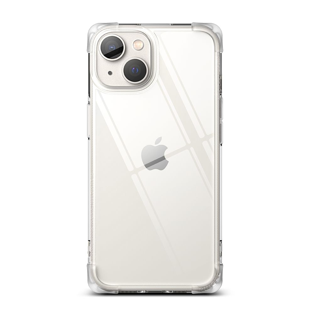 iPhone w przezroczystym etui, widoczne logo Apple. Białe tło. Etui jest ochronne.
