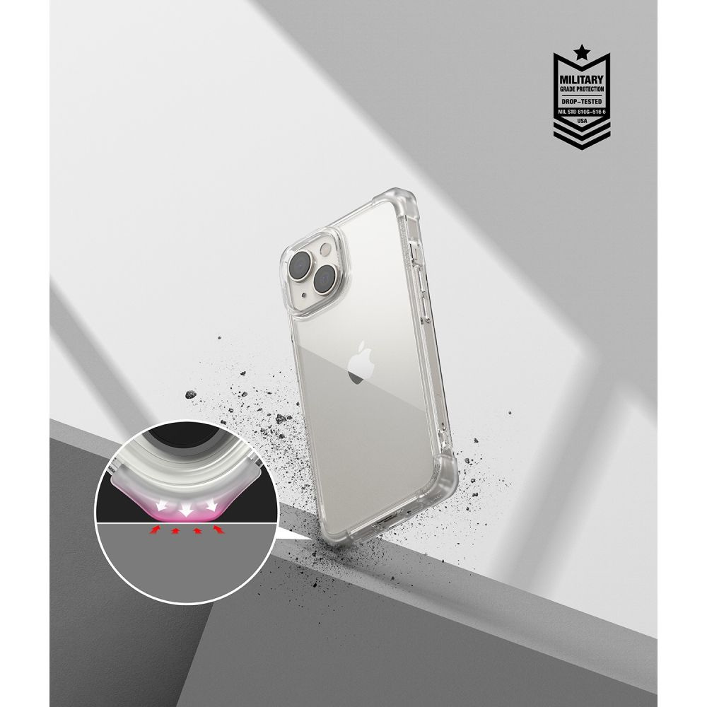 iPhone w przezroczystym etui z grafiką testu uderzeniowego. Etui chroni telefon.