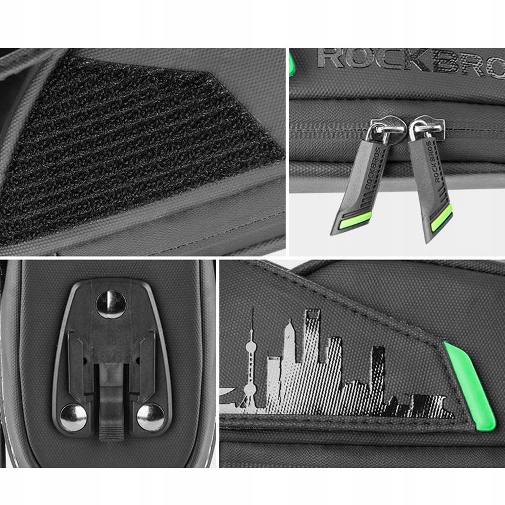 Zbliżenia torby rowerowej Rockbros, pokazujące szczegóły takie jak zamki, rzepy i panoramę miasta.