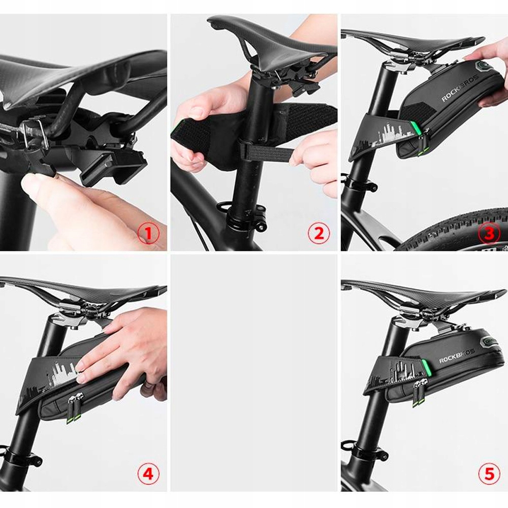 Sekwencja kroków pokazująca mocowanie torby rowerowej Rockbros do siodełka.