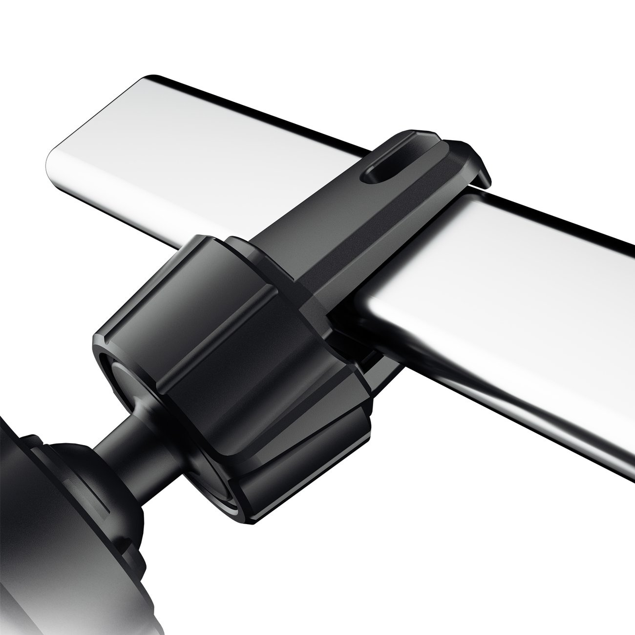 Zbliżenie czarnego uchwytu na telefon samochodowy. Uchwyt jest przymocowany do srebrnego metalowego pręta. Tło jest rozmyte.