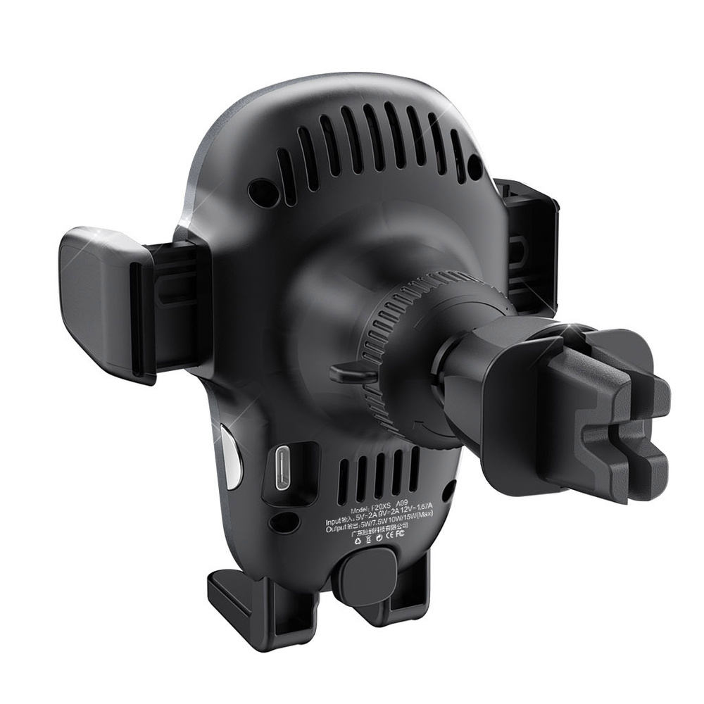 Tył czarnego uchwytu samochodowego na telefon. Posiada klips wentylacyjny i informacje o produkcie.