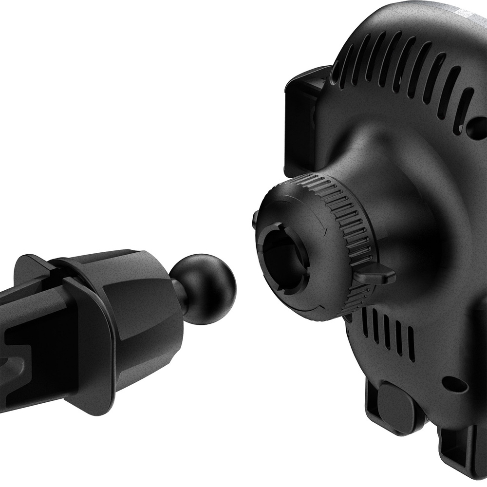 Zbliżenie na tył uchwytu samochodowego na telefon. Widoczny klips wentylacyjny i przegub kulowy.