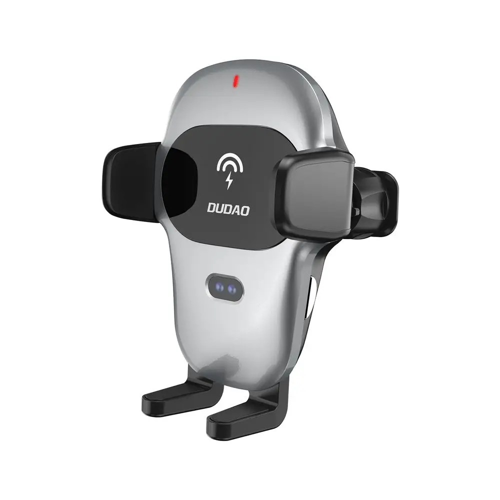 Szary uchwyt samochodowy na telefon z logo DUDAD. Posiada dwa czujniki i elegancki design.