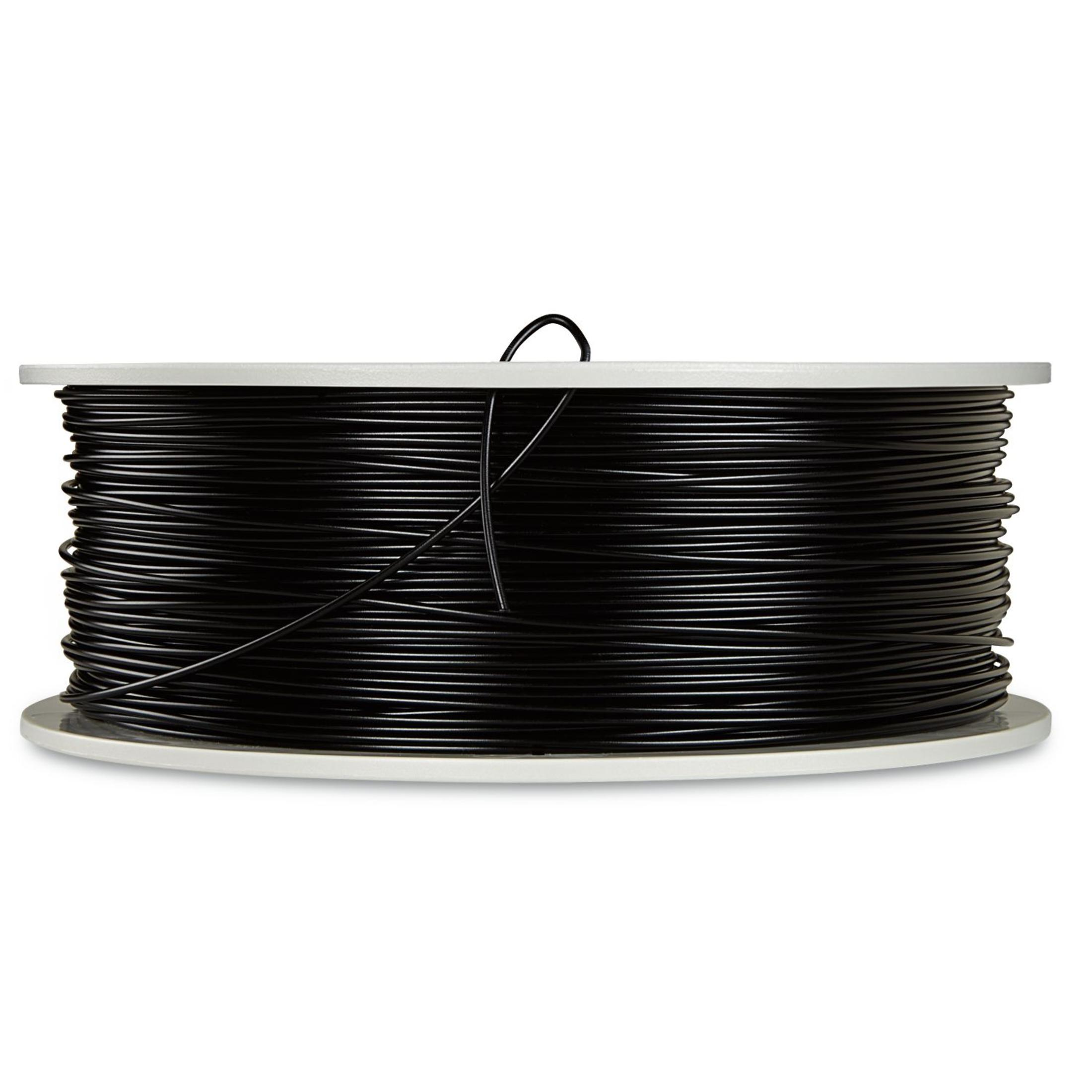 Eine Spule schwarzes Filament für 3D-Druck. Auf weißem Hintergrund.