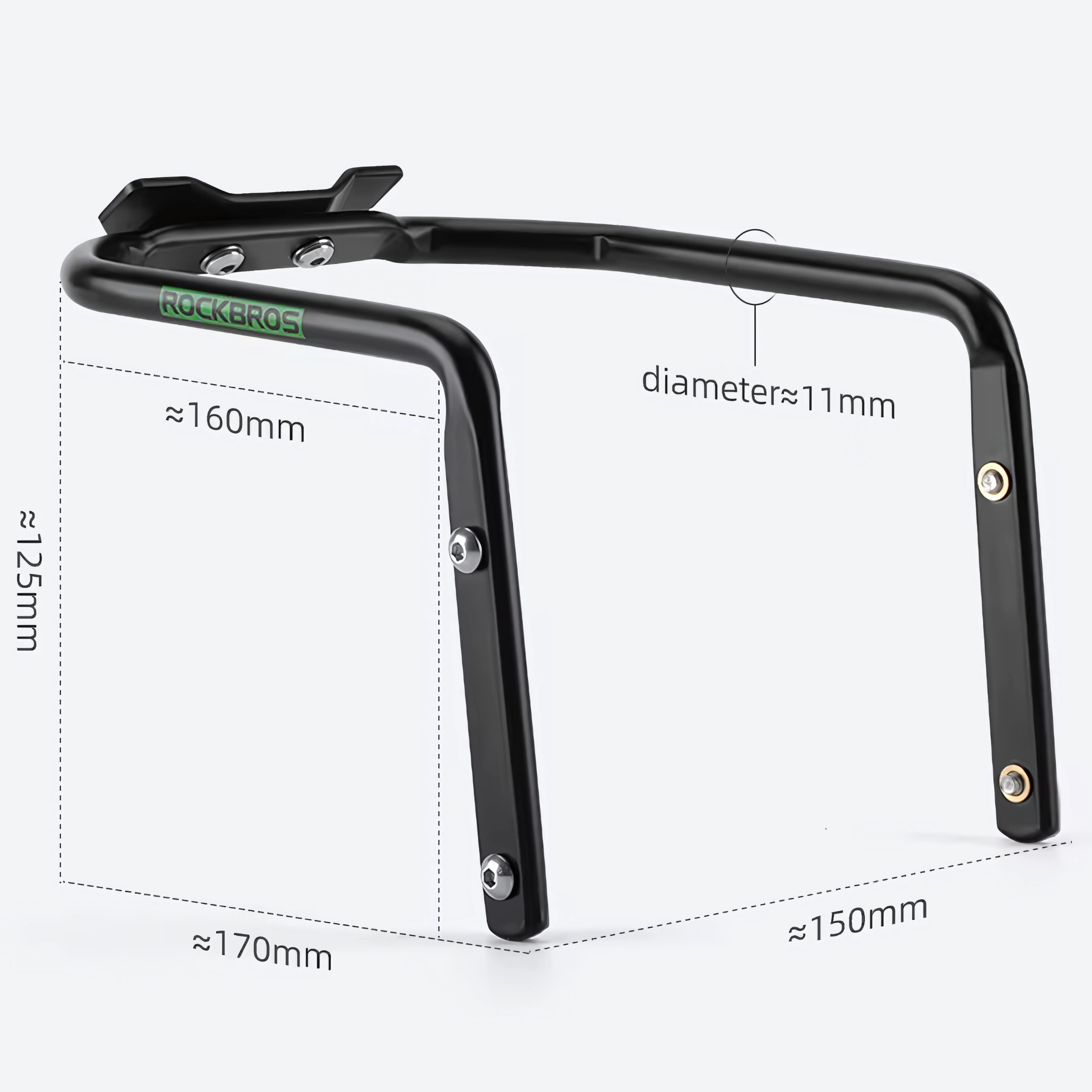 Czarny bagażnik rowerowy z wymiarami: 160mm, 170mm, 150mm, 125mm. Średnica wynosi około 11mm.