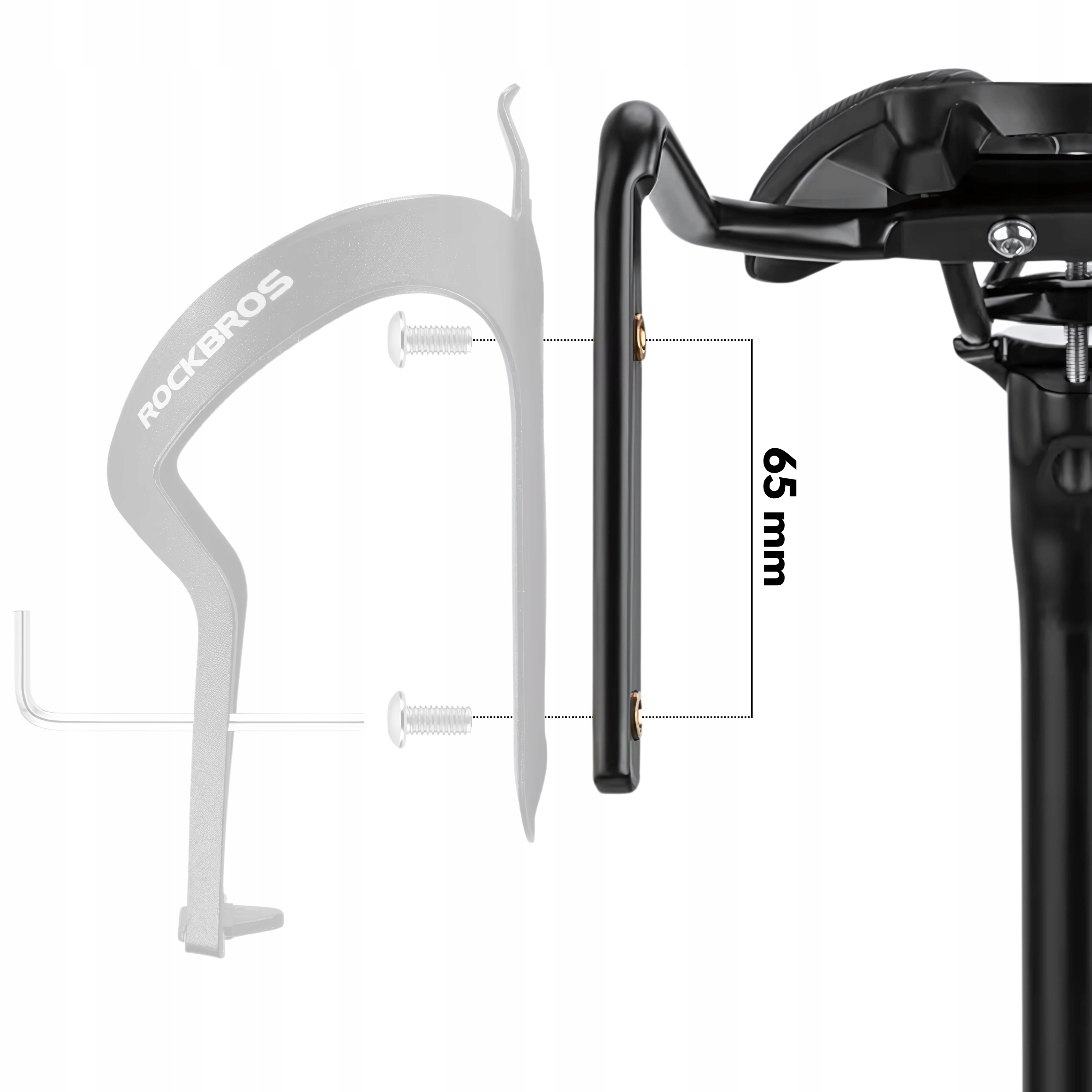 Części bagażnika rowerowego. Bagażnik jest czarny, a wysokość wynosi 65 mm. W tle widoczne jest siodełko rowerowe.