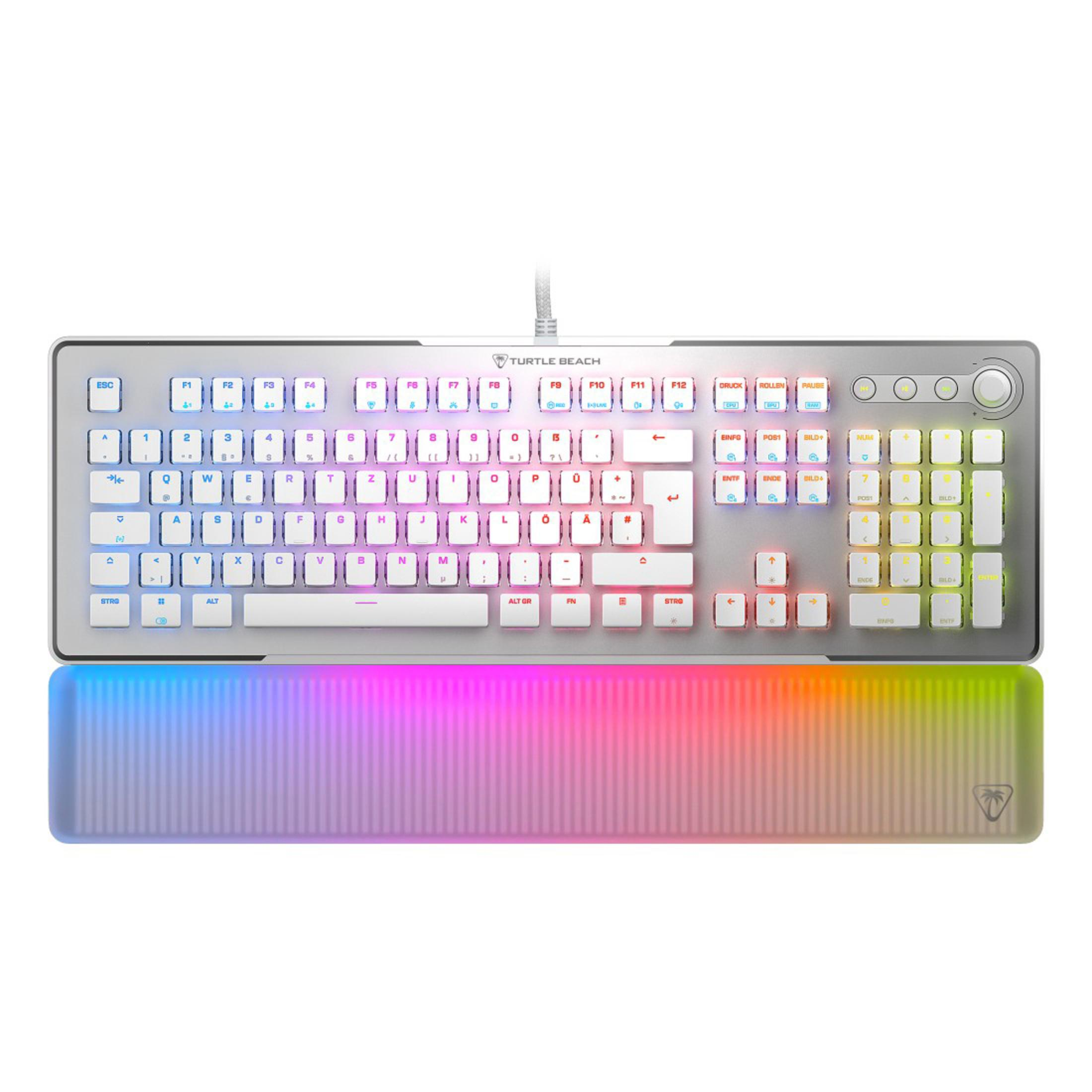 Eine weiße und silberne Gaming-Tastatur mit LED-Lichtern, Handgelenkauflage und Turtle Beach-Markenzeichen.
