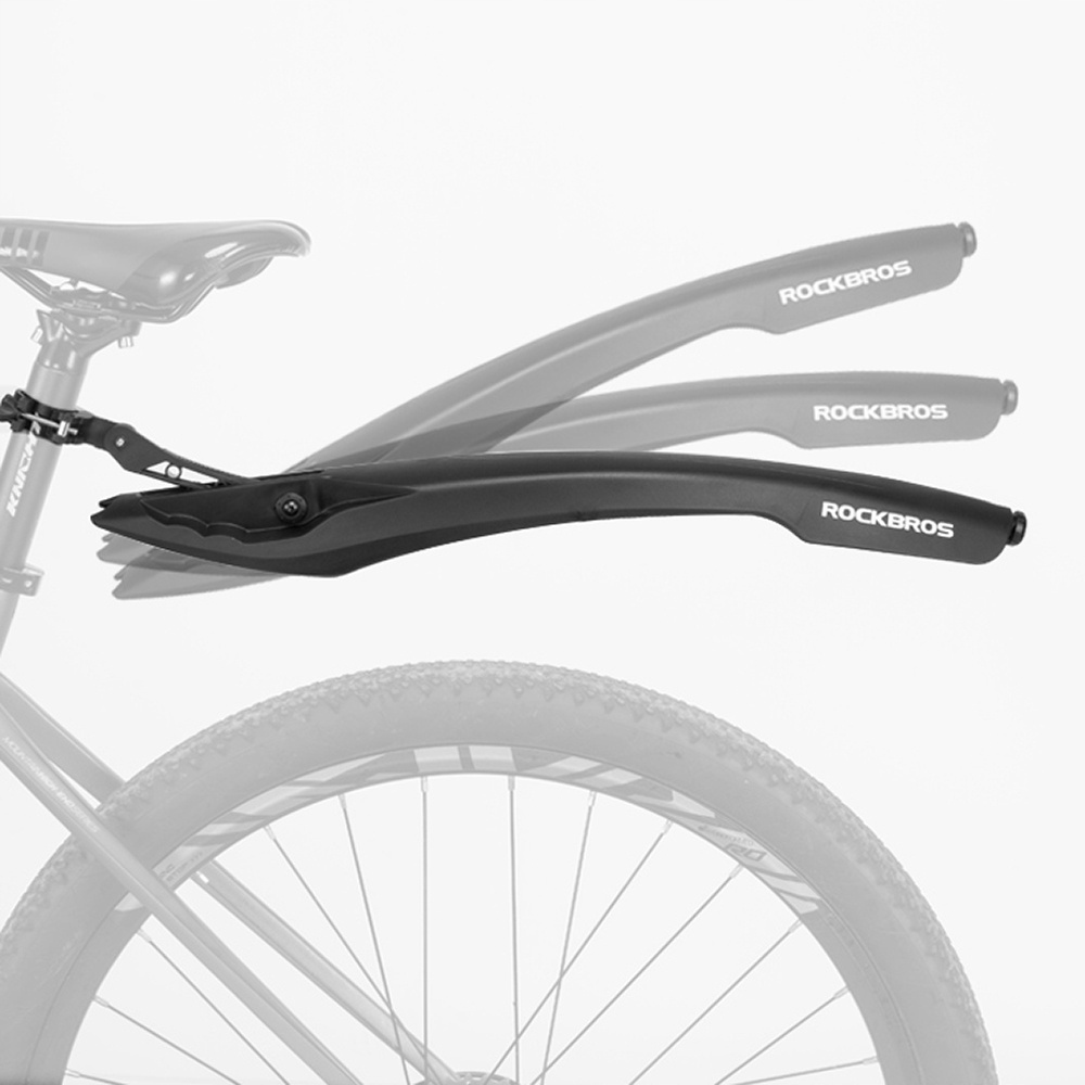 Błotnik rowerowy, pokazujący proces montażu w trzech etapach, z marką Rockbros.