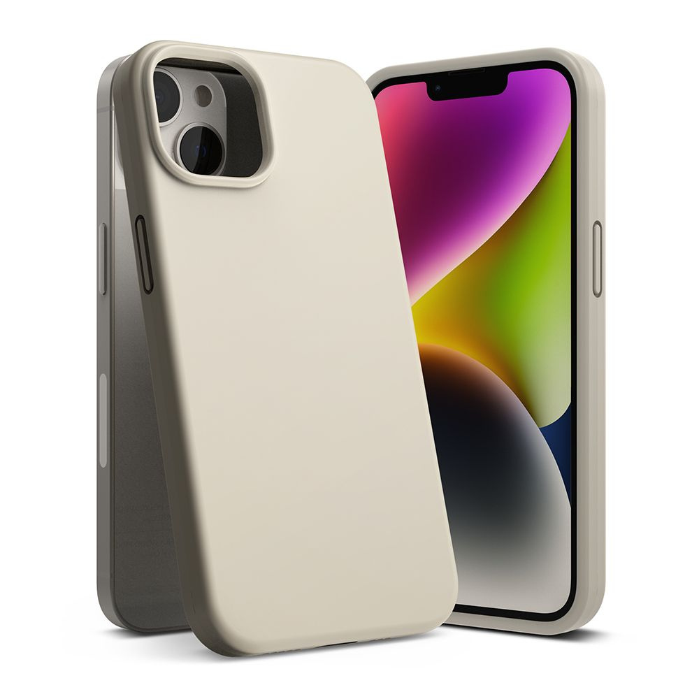Telefon w beżowym etui z kolorowym wyświetlaczem.