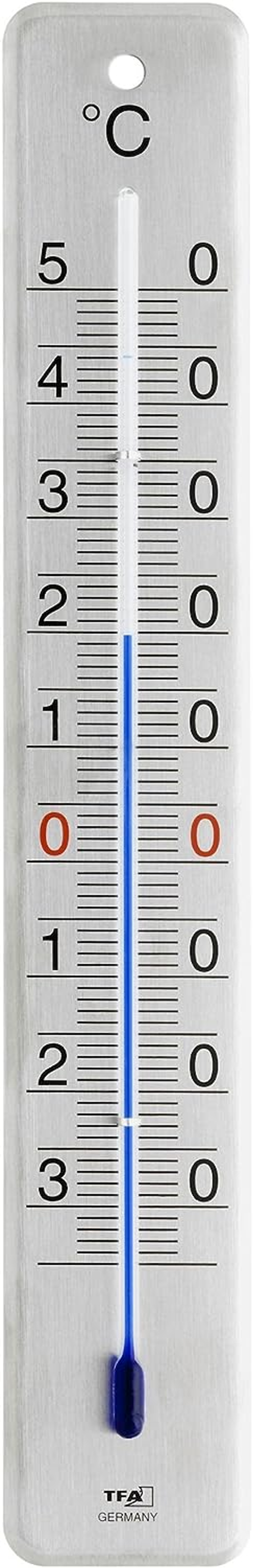 Thermometer mit blauer Flüssigkeit. Die Temperatur beträgt 0 Grad Celsius.