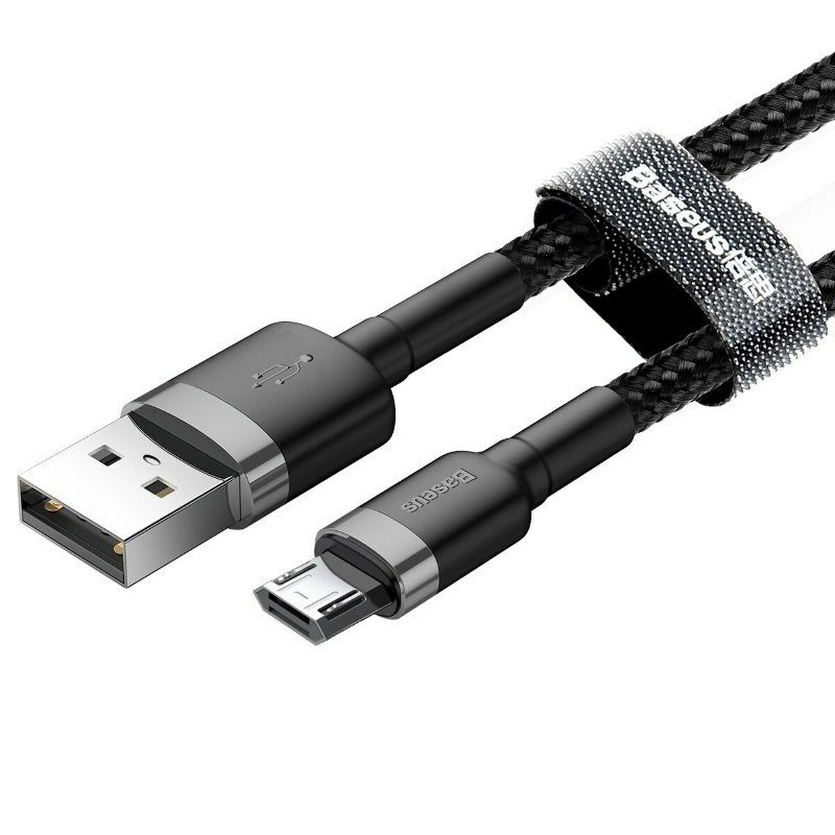 Czarny kabel USB ze złączami USB-A i micro-USB, owinięty paskiem.