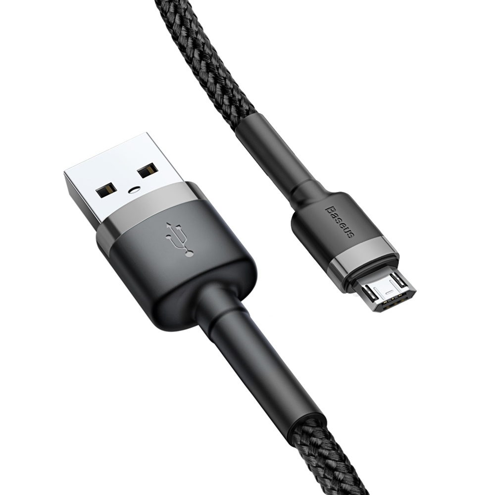 Czarny kabel USB ze złączami USB-A i micro-USB z teksturowanym kablem.