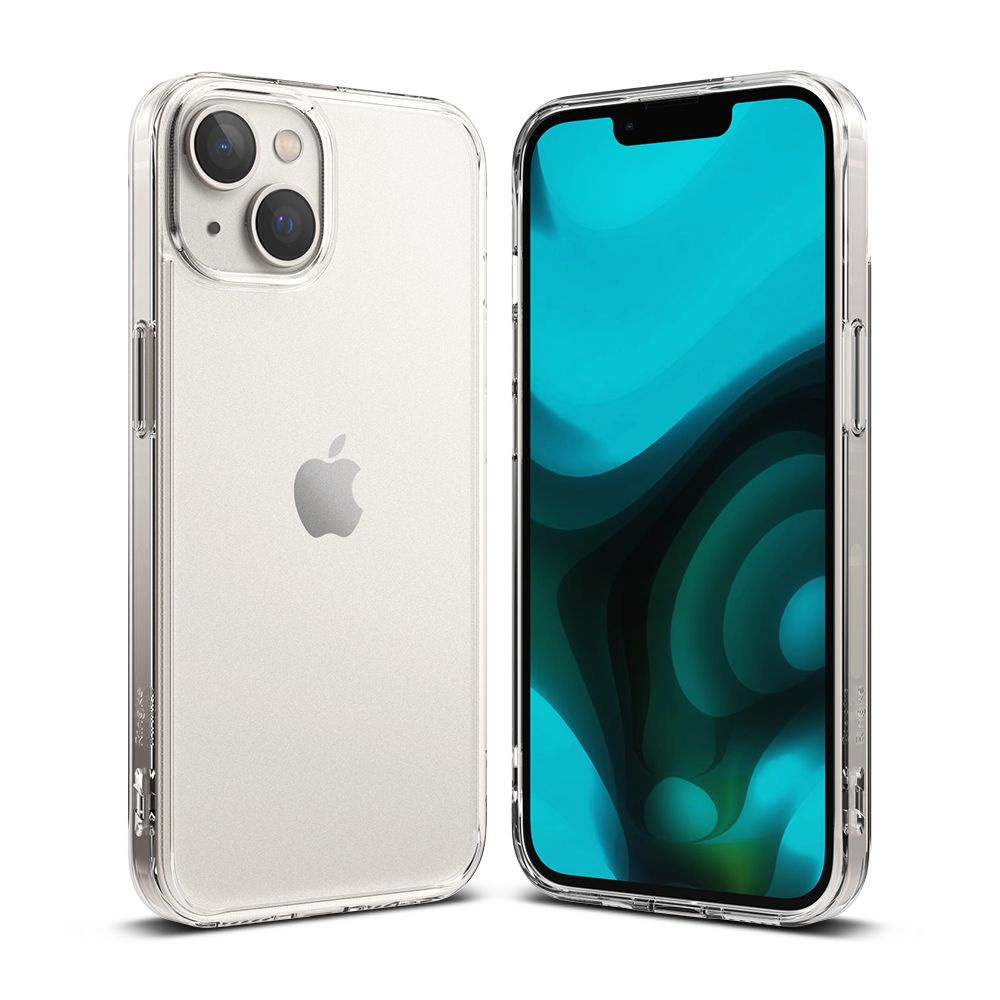 Dwa przezroczyste etui na telefon. Jedno pokazuje tył iPhone'a. Drugie przód z ekranem w kolorze morskim.
