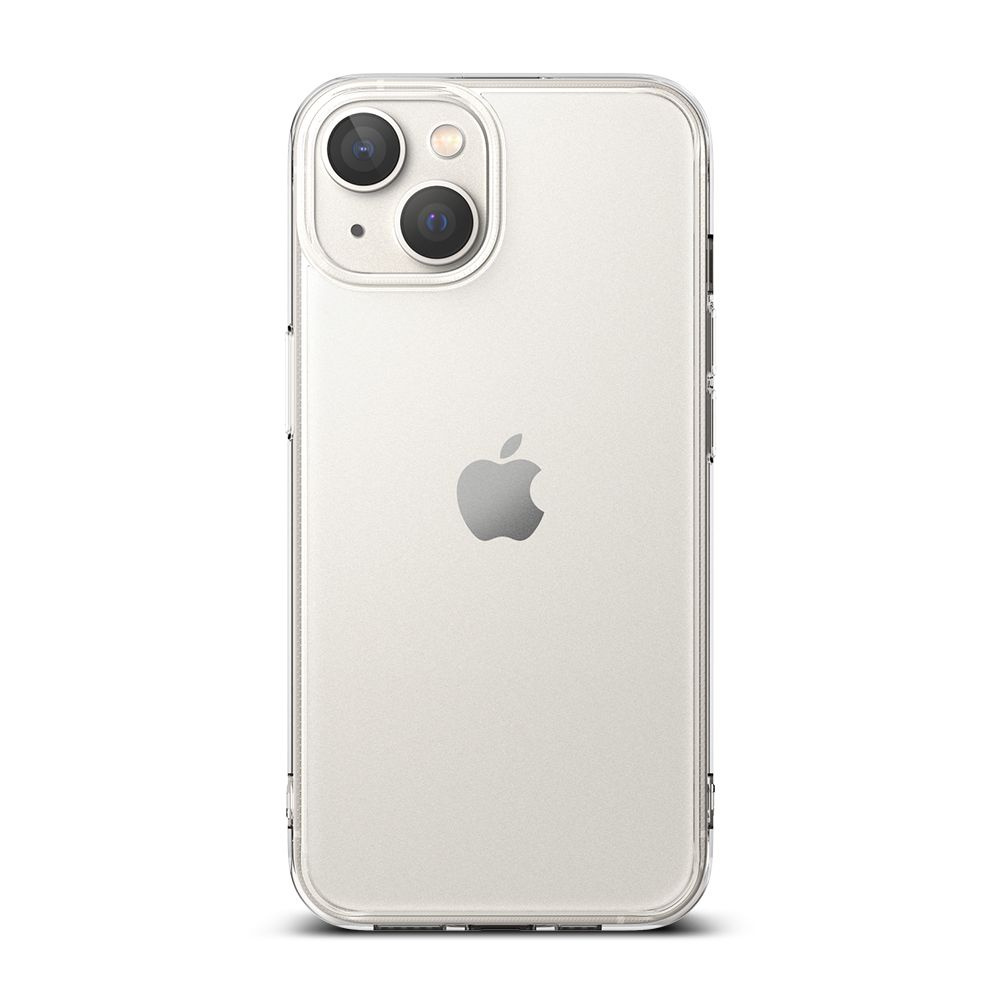 Widok z tyłu iPhone'a w przezroczystym etui. Widoczne logo Apple. Dwa obiektywy po lewej stronie u góry.