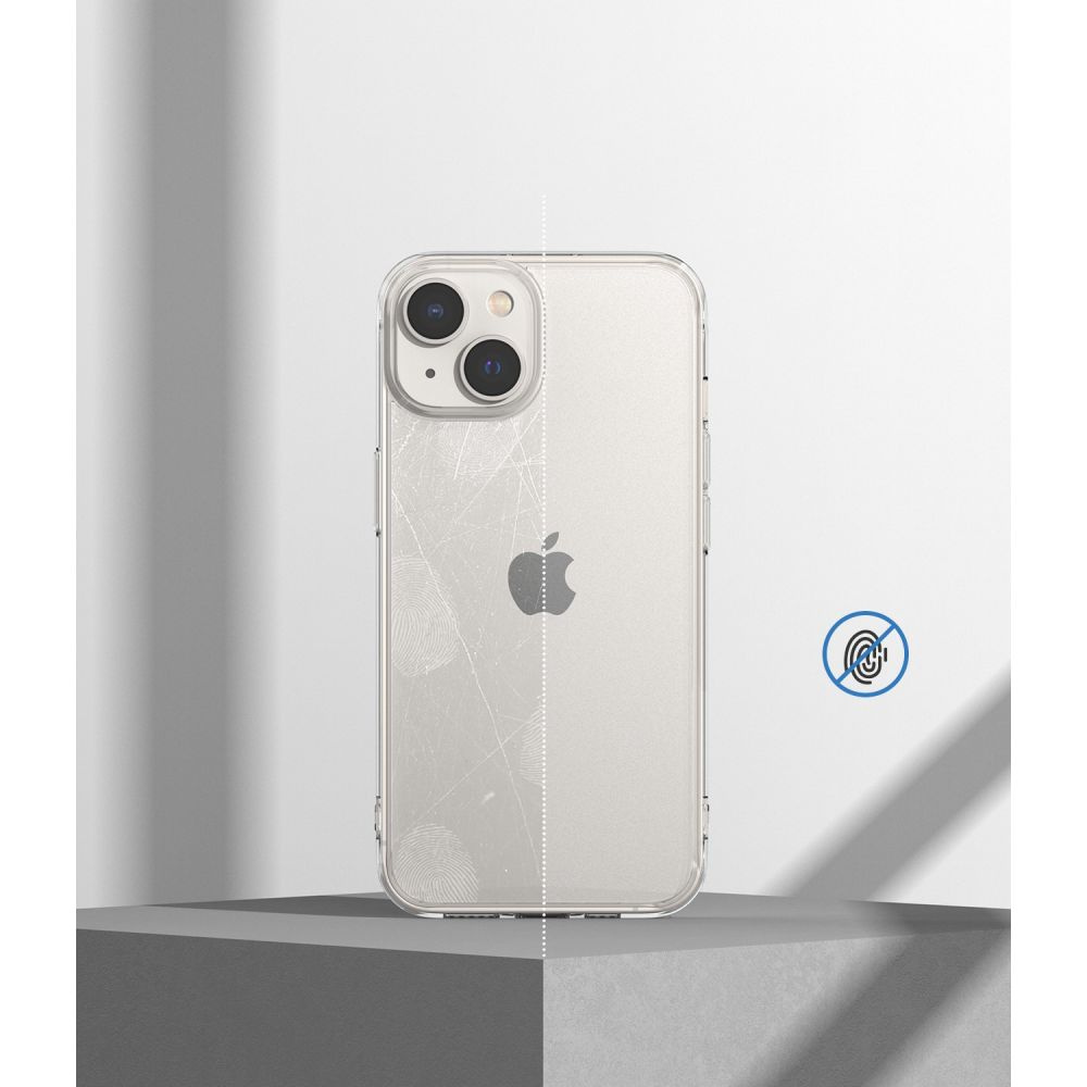 Tył iPhone'a w przezroczystym etui. Odbitki palców z jednej strony, czysty z drugiej. Ikona brak odcisków palców.