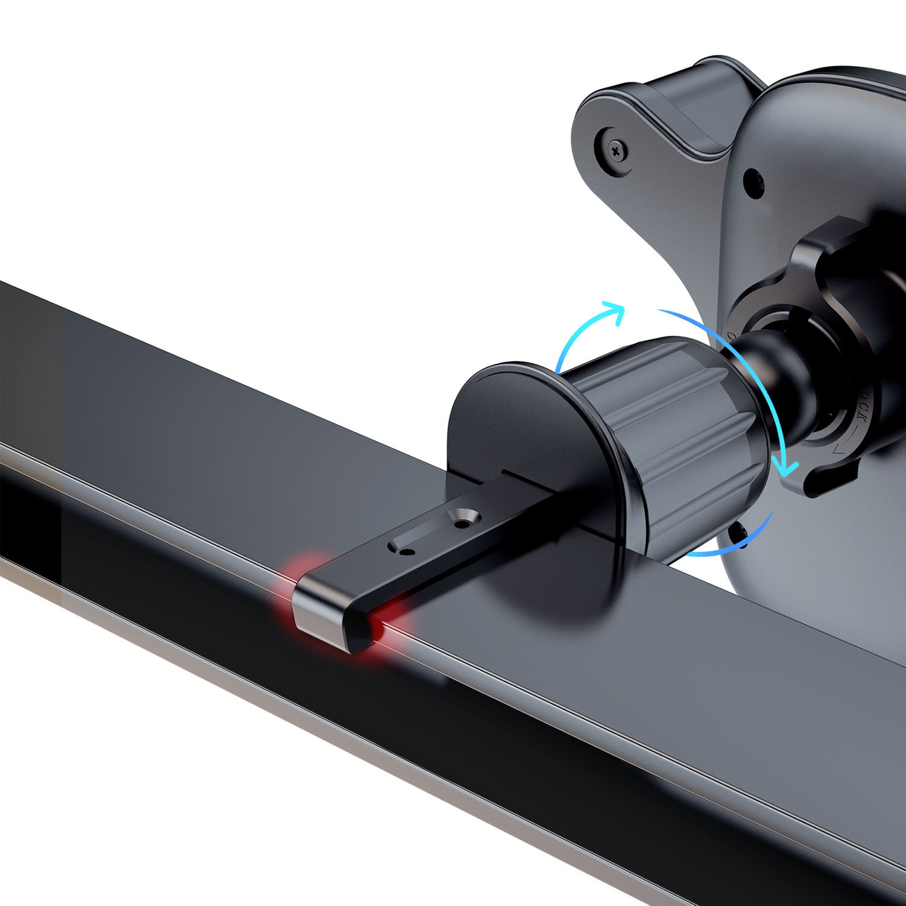 Zbliżenie klipsa do kratki wentylacyjnej i mechanizmu blokującego uchwytu do telefonu. Elementy są czarne.